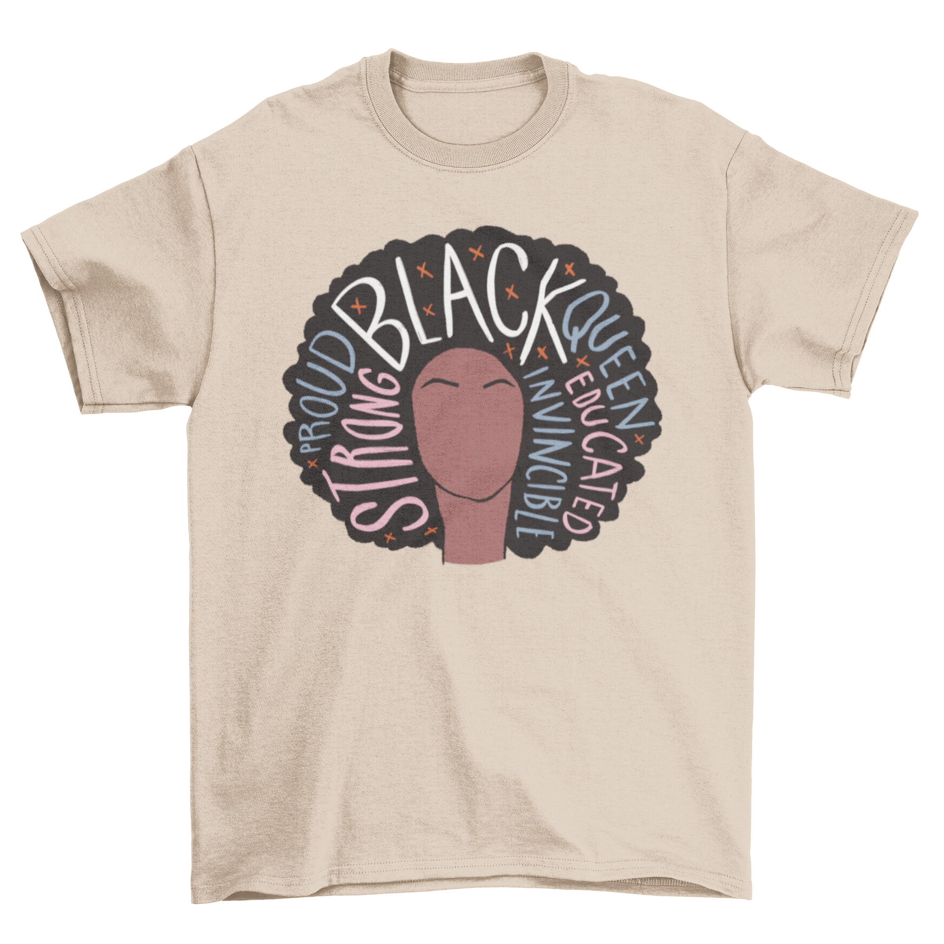 Proud Black Woman T-Shirt featuring an illustration of a black woman with inspiring words in her hair.