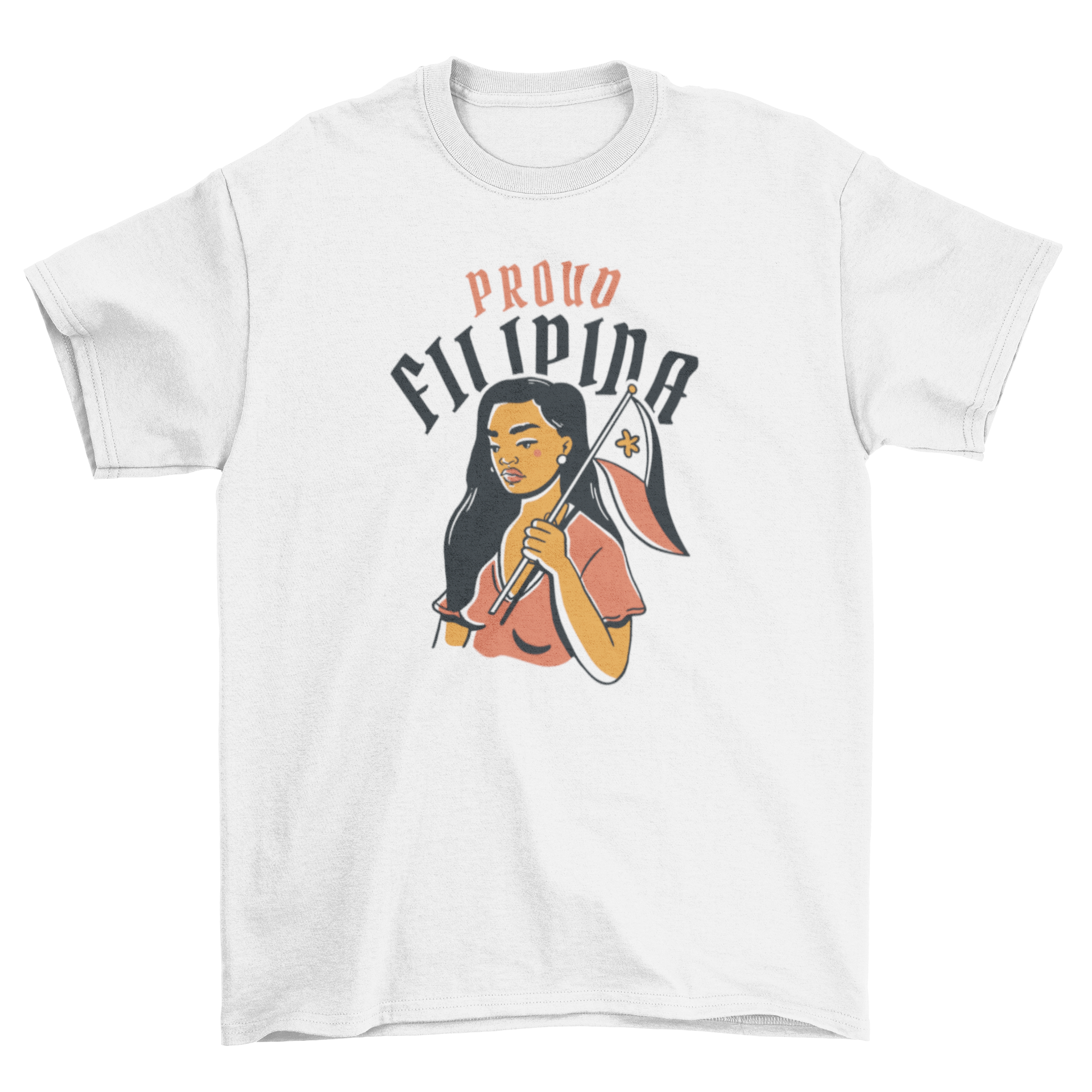 A stylish t-shirt featuring a proud Filipina woman holding the Philippine flag with the quote 'Proud Filipina'.