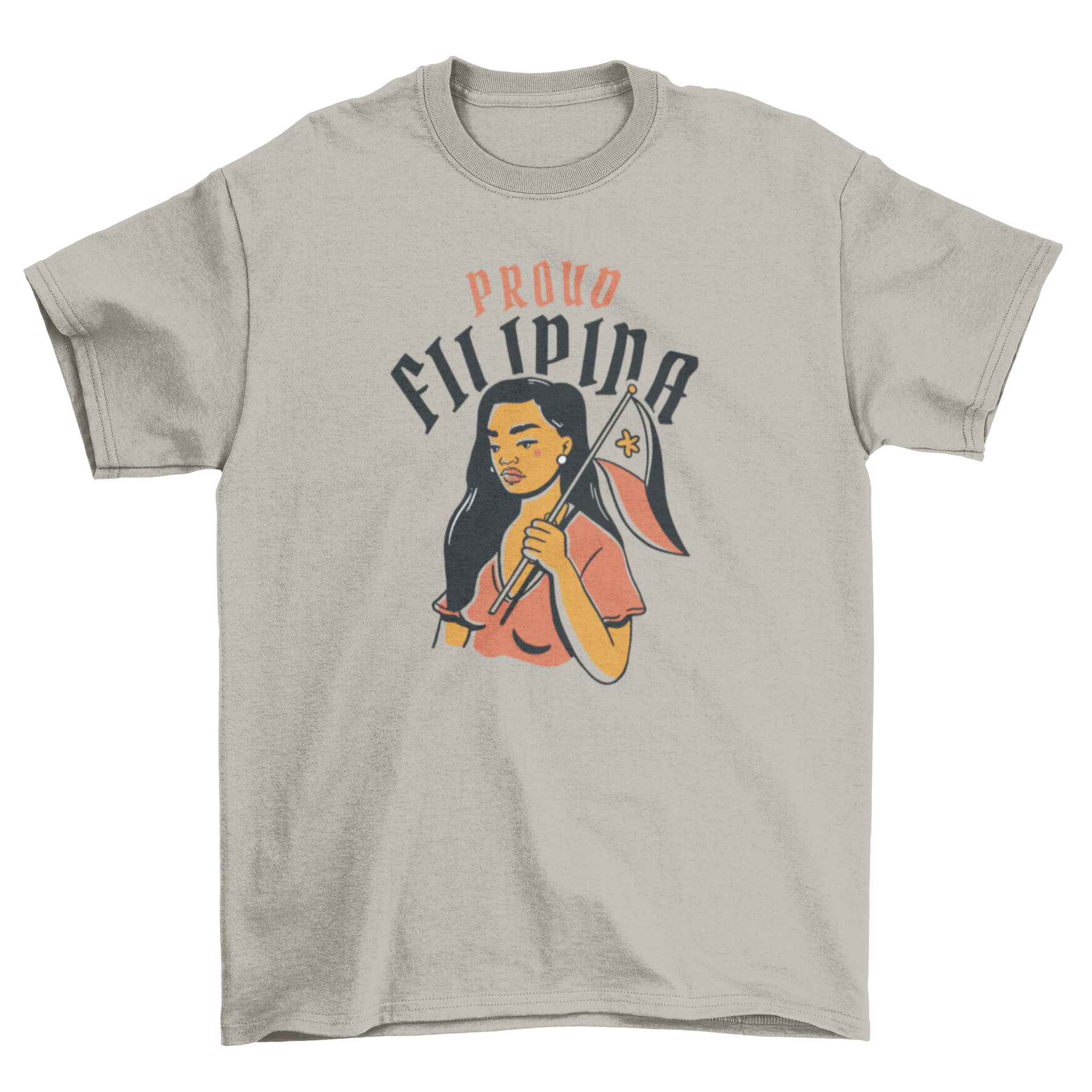 A stylish t-shirt featuring a proud Filipina woman holding the Philippine flag with the quote 'Proud Filipina'.