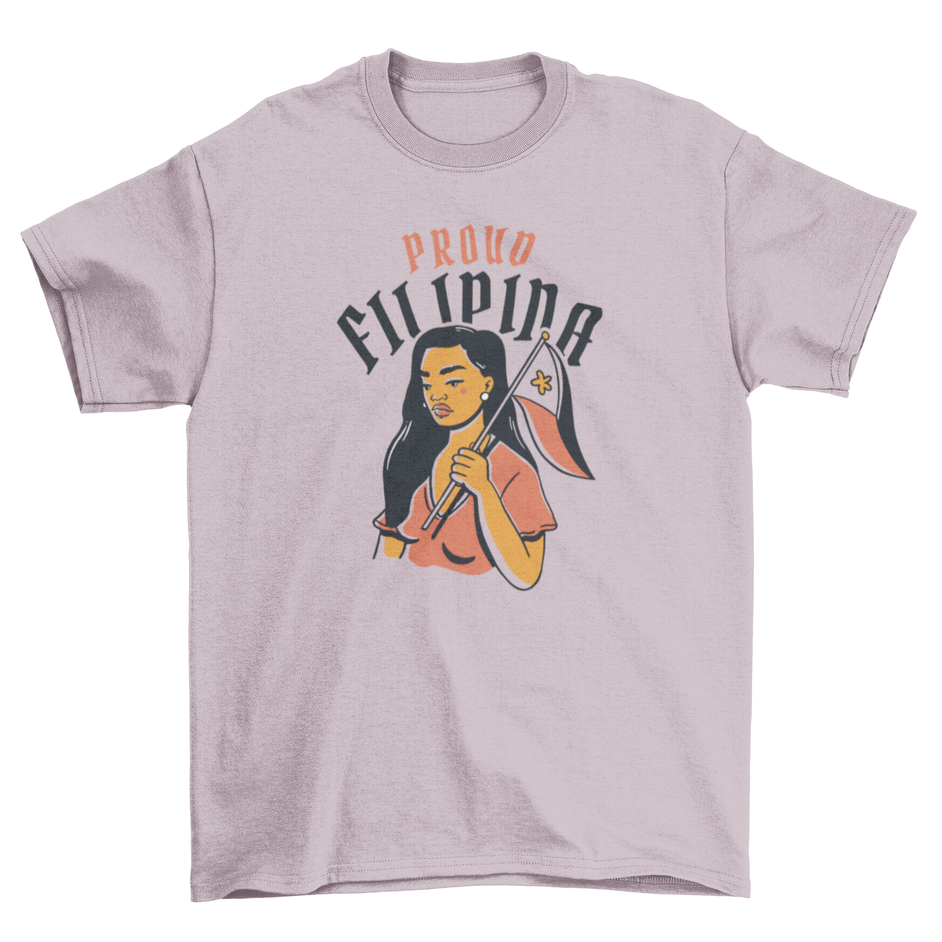 A stylish t-shirt featuring a proud Filipina woman holding the Philippine flag with the quote 'Proud Filipina'.