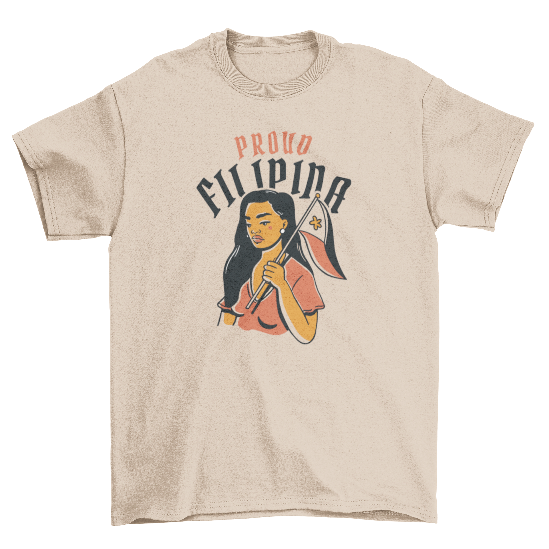 A stylish t-shirt featuring a proud Filipina woman holding the Philippine flag with the quote 'Proud Filipina'.