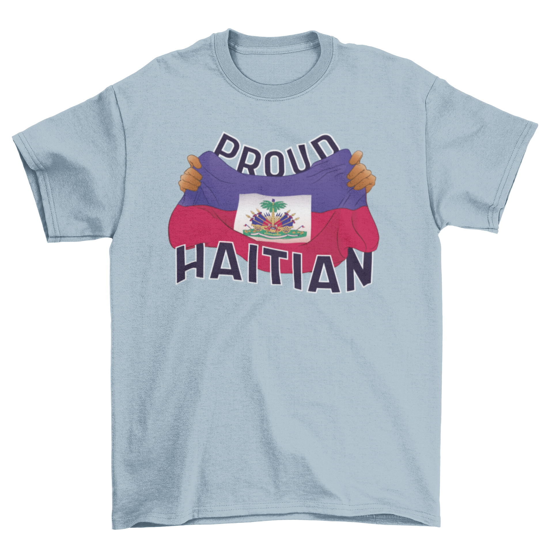 Proud Haitian t-shirt featuring hands grabbing the Haitian flag, symbolizing pride and unity.