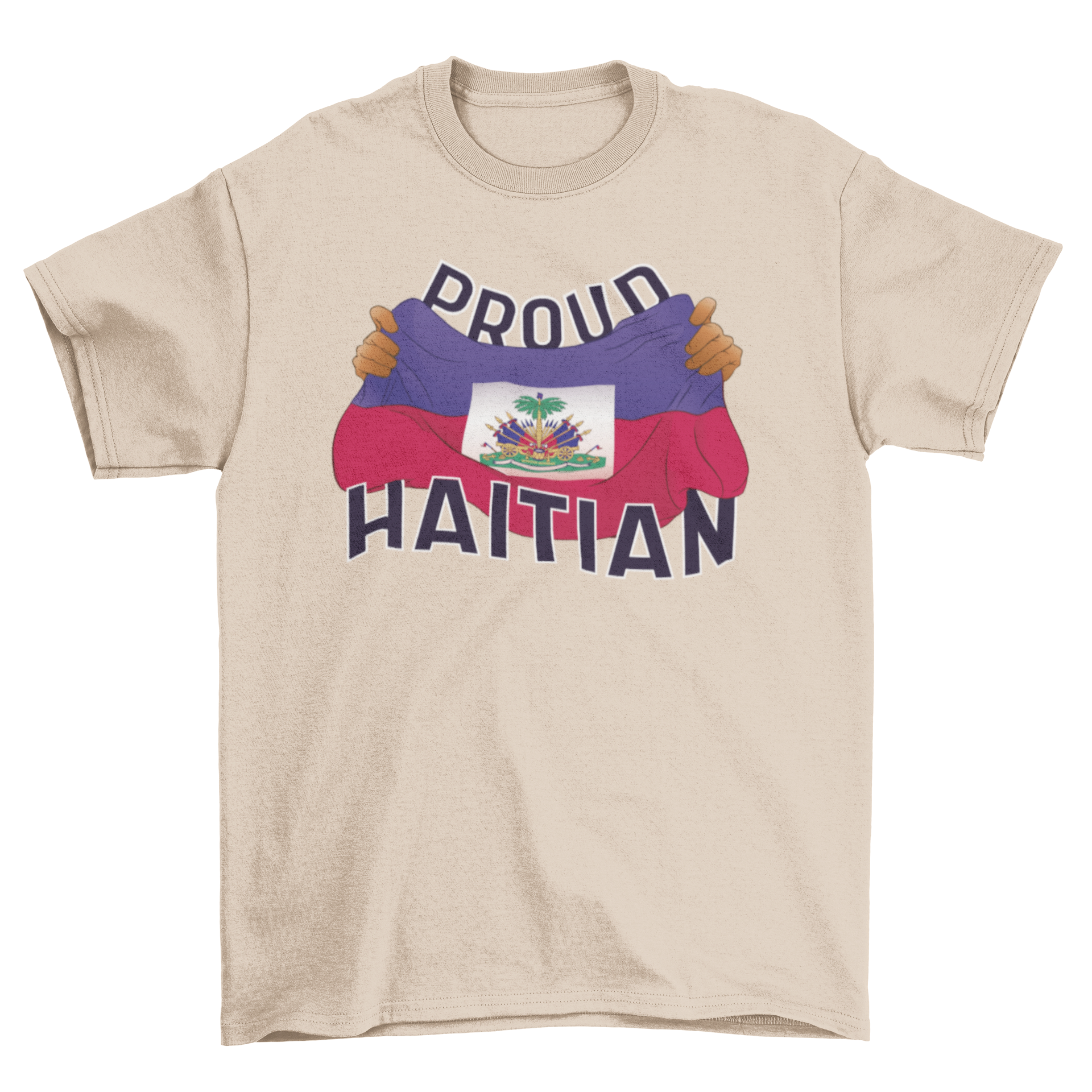 Proud Haitian t-shirt featuring hands grabbing the Haitian flag, symbolizing pride and unity.