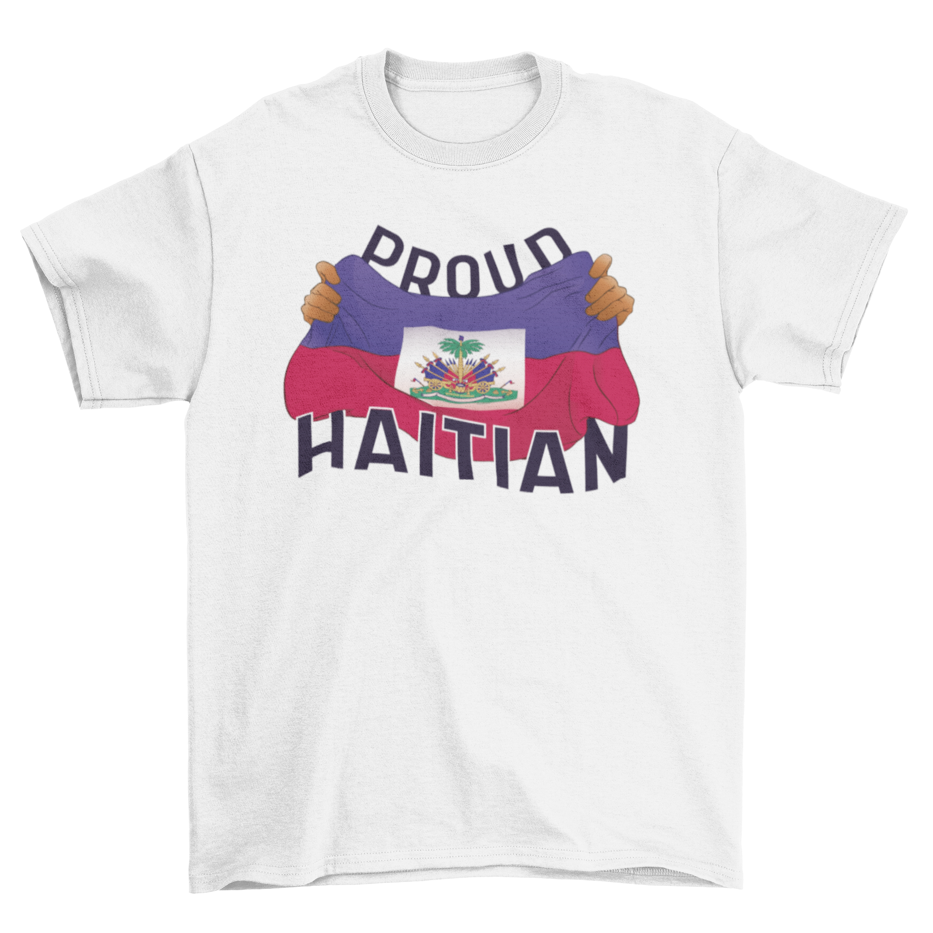 Proud Haitian t-shirt featuring hands grabbing the Haitian flag, symbolizing pride and unity.