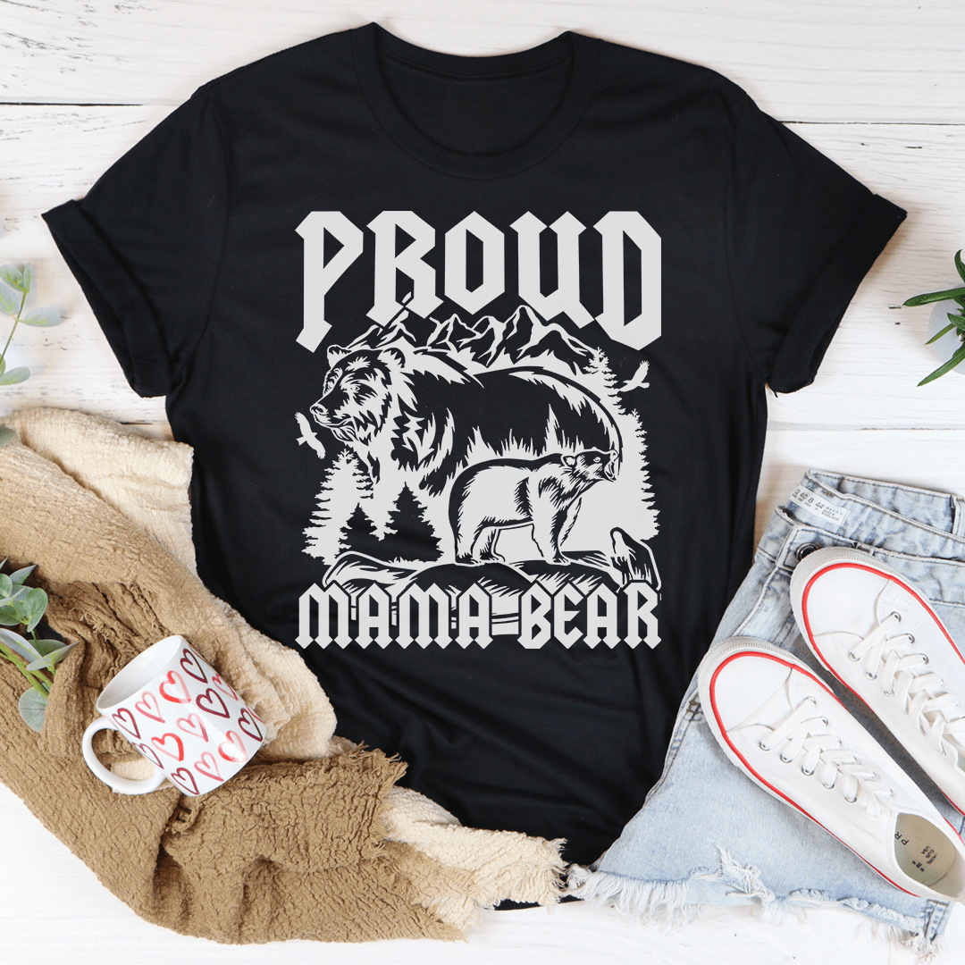 Proud Mama Bear T-Shirt featuring a bear graphic, made from soft ring-spun cotton, showcasing durability and comfort.