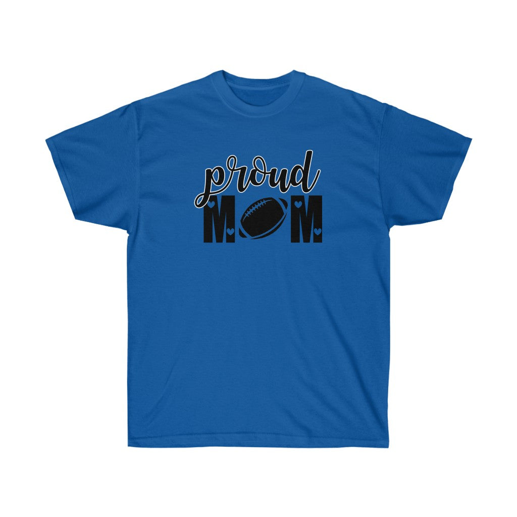 A Proud Mom of Football T-Shirt featuring a bold vinyl print on a soft cotton fabric, perfect for showing support at games.