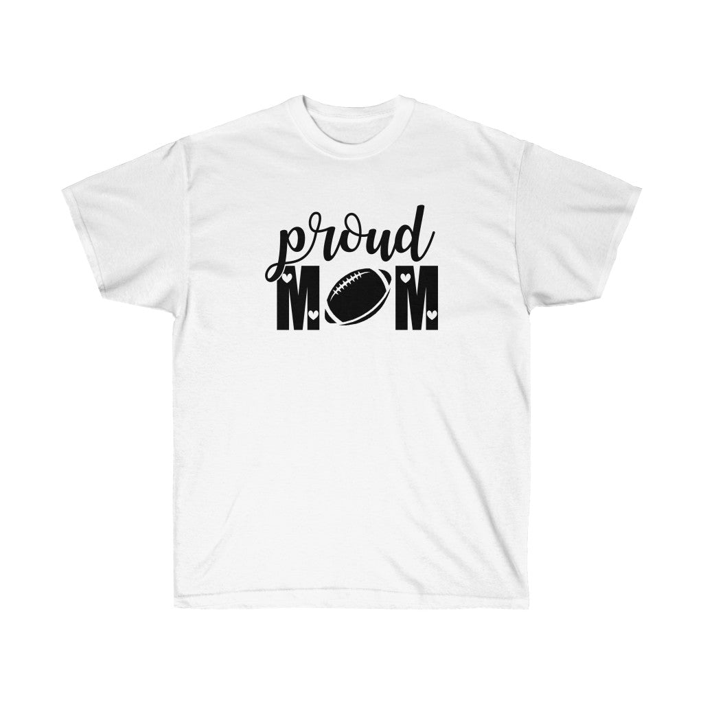 A Proud Mom of Football T-Shirt featuring a bold vinyl print on a soft cotton fabric, perfect for showing support at games.