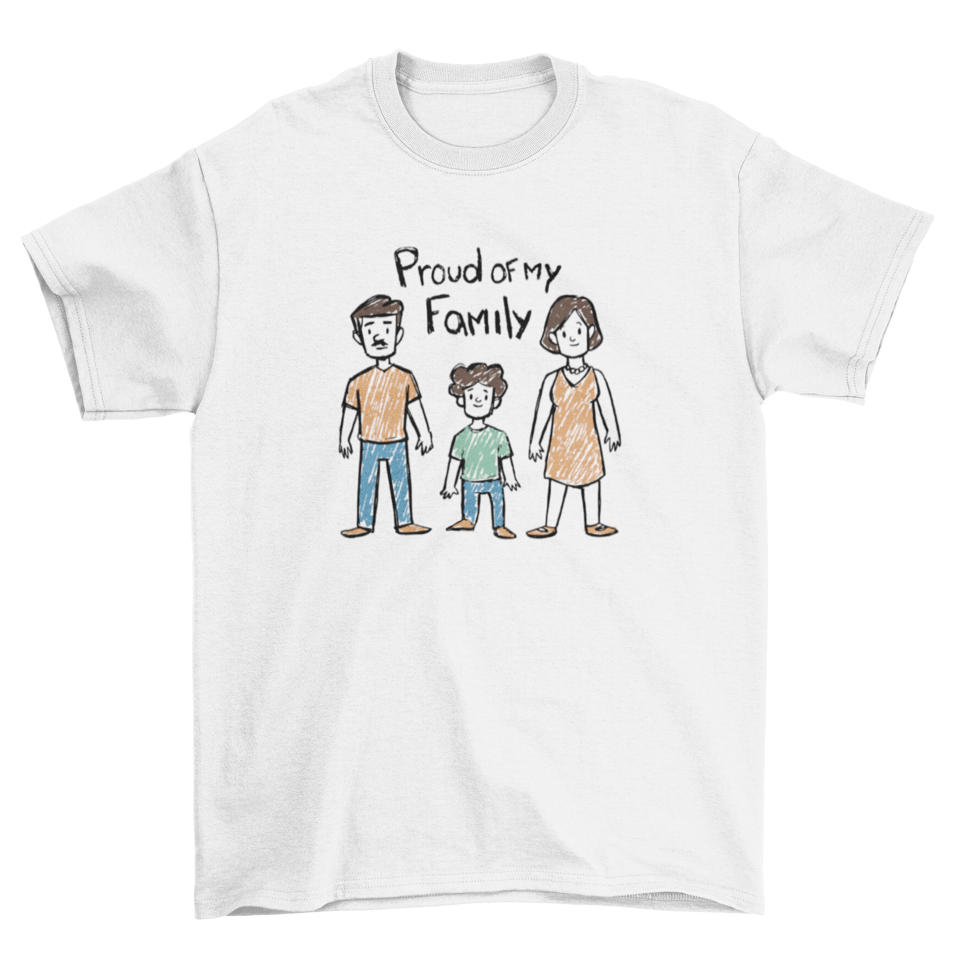 A cute t-shirt featuring a family illustration and the quote 'Proud of my family', perfect for family gatherings.