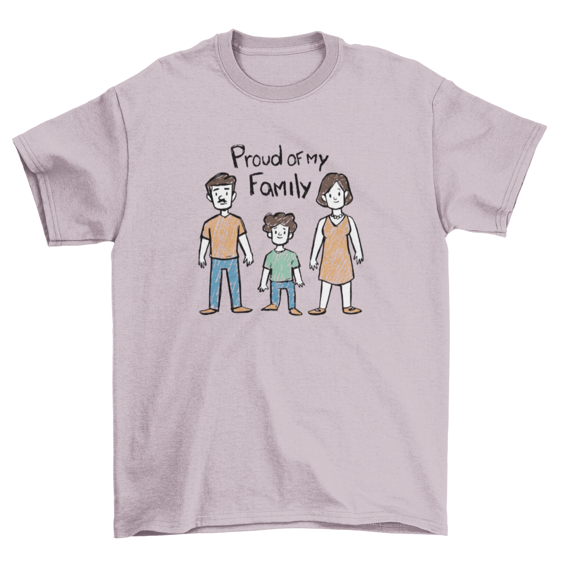 A cute t-shirt featuring a family illustration and the quote 'Proud of my family', perfect for family gatherings.