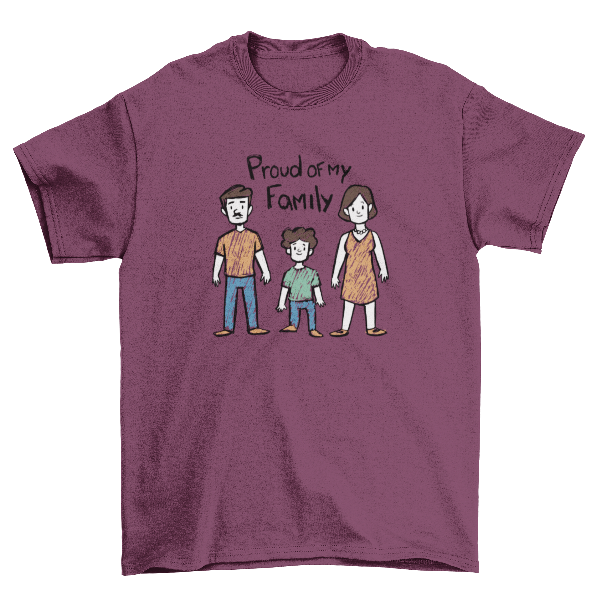 A cute t-shirt featuring a family illustration and the quote 'Proud of my family', perfect for family gatherings.