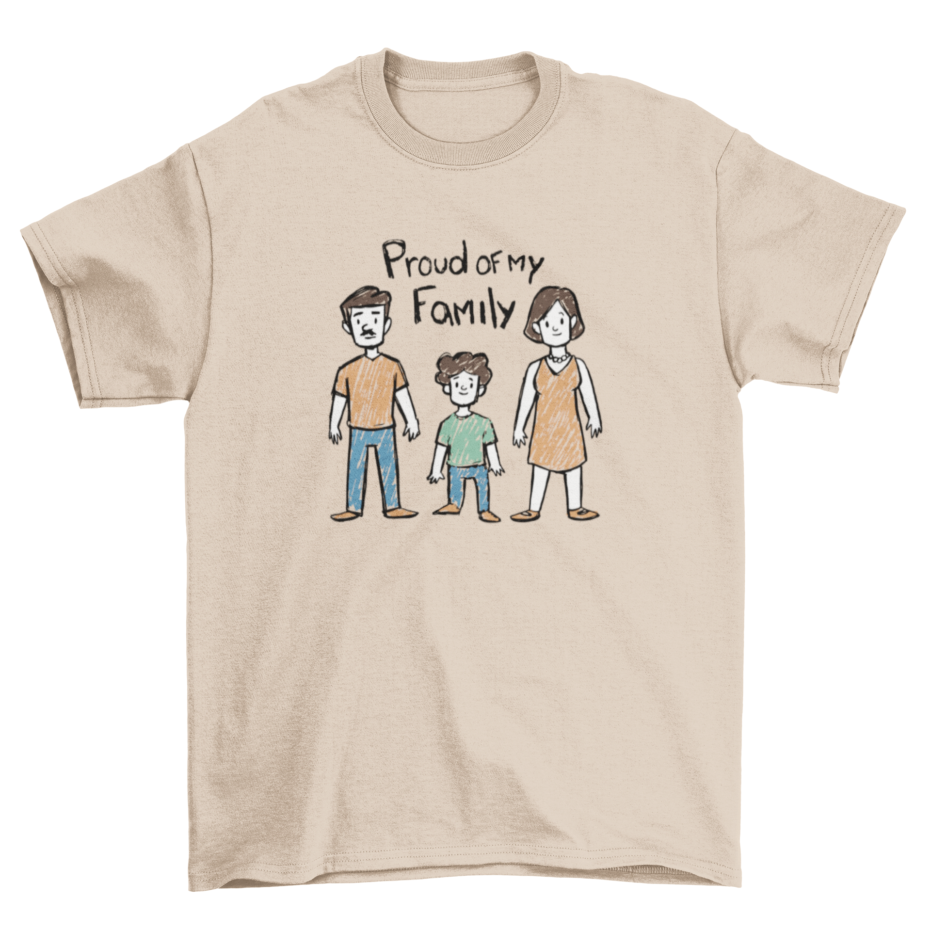 A cute t-shirt featuring a family illustration and the quote 'Proud of my family', perfect for family gatherings.