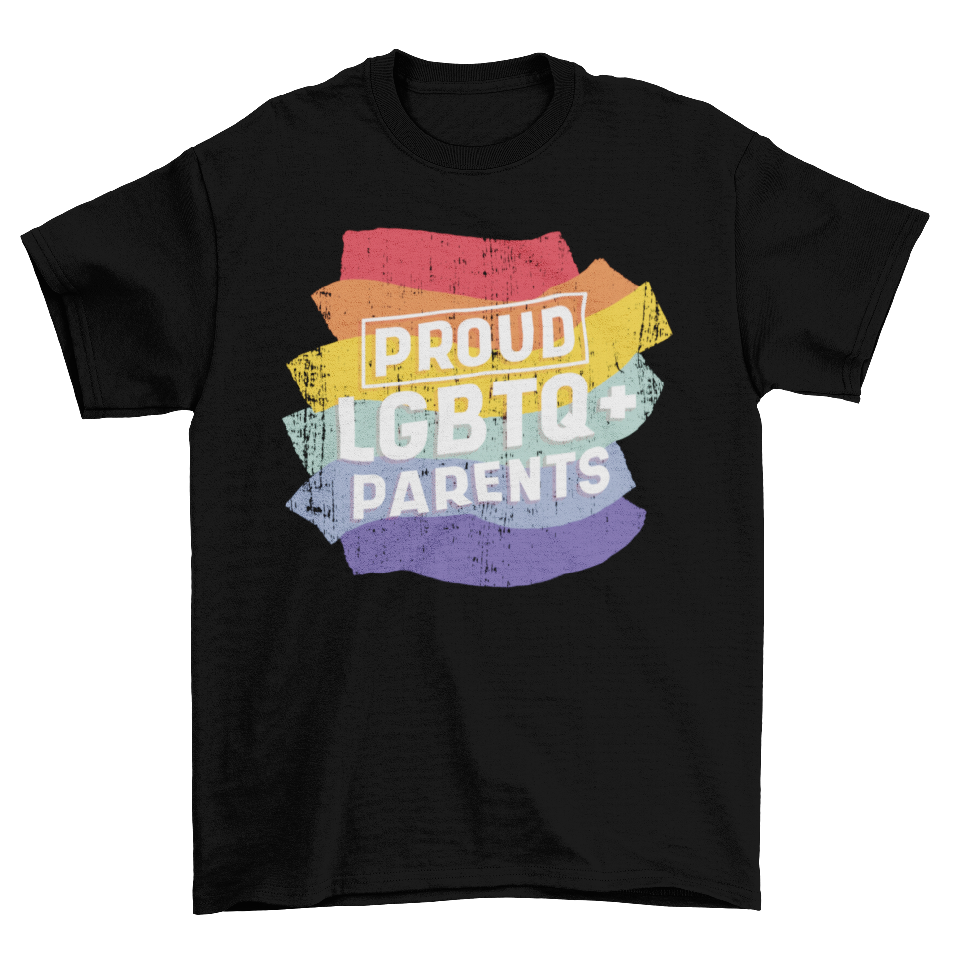 A stylish t-shirt featuring the text 'Proud LGBTQ+ Parents' in bold lettering, symbolizing love and acceptance.