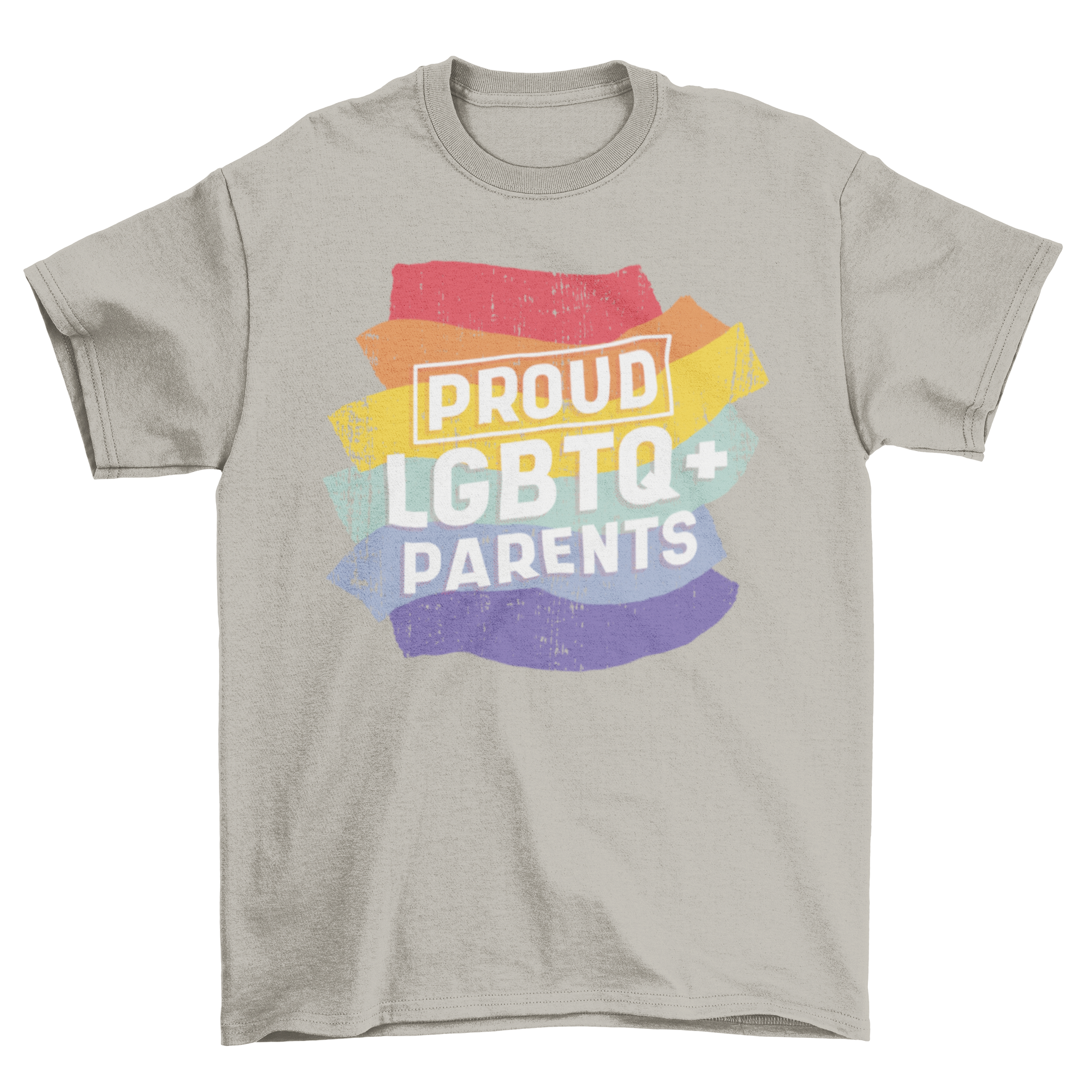 A stylish t-shirt featuring the text 'Proud LGBTQ+ Parents' in bold lettering, symbolizing love and acceptance.