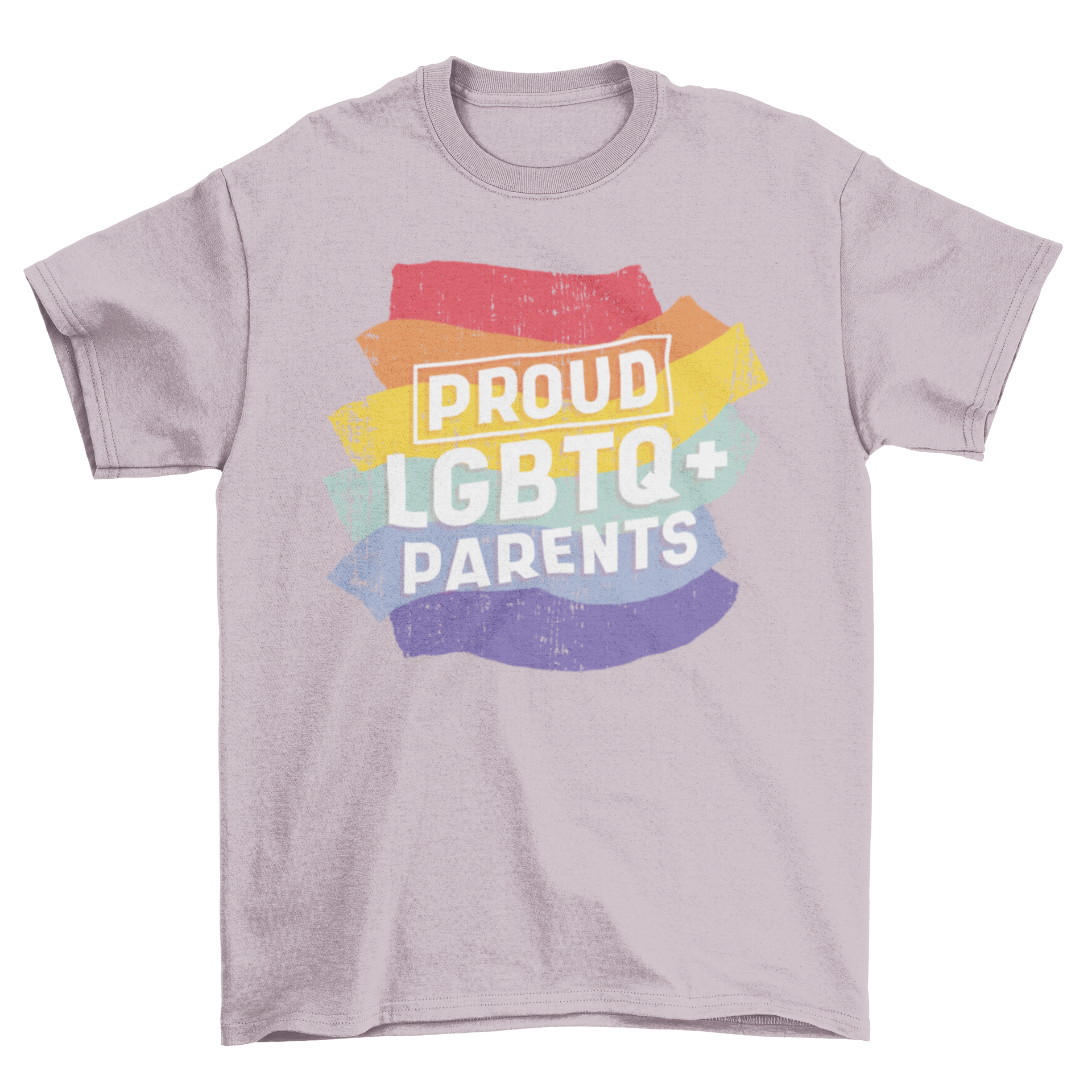 A stylish t-shirt featuring the text 'Proud LGBTQ+ Parents' in bold lettering, symbolizing love and acceptance.