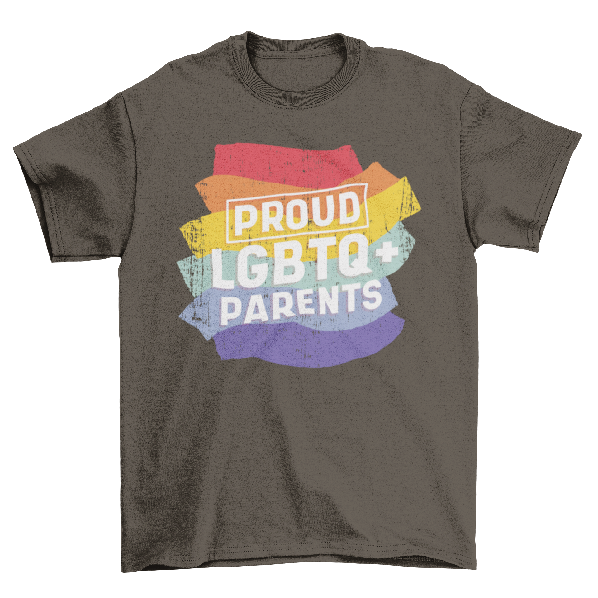 A stylish t-shirt featuring the text 'Proud LGBTQ+ Parents' in bold lettering, symbolizing love and acceptance.