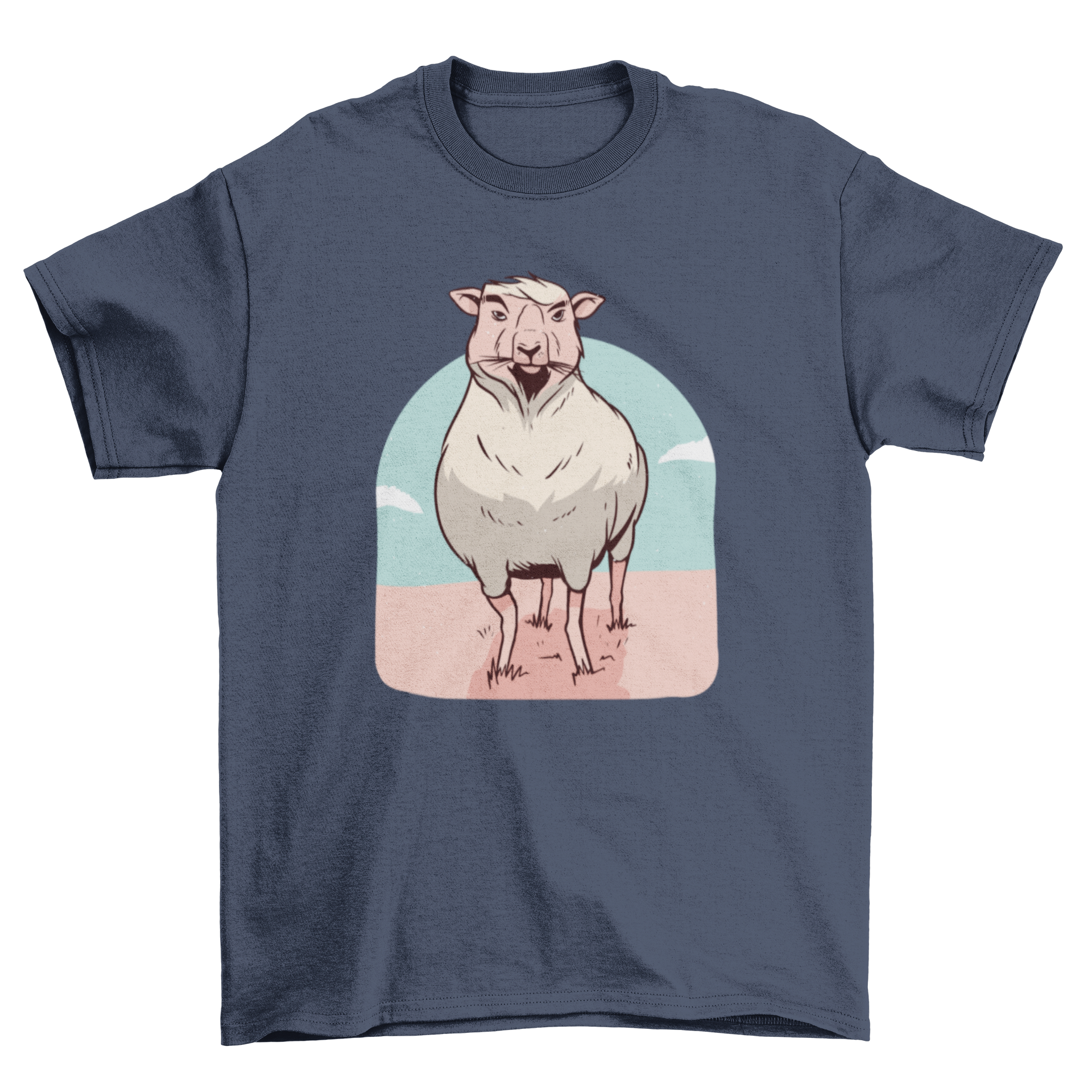 A stylish Proud Sheep T-Shirt featuring a cute illustration of a sheep eating grass, perfect for casual wear.