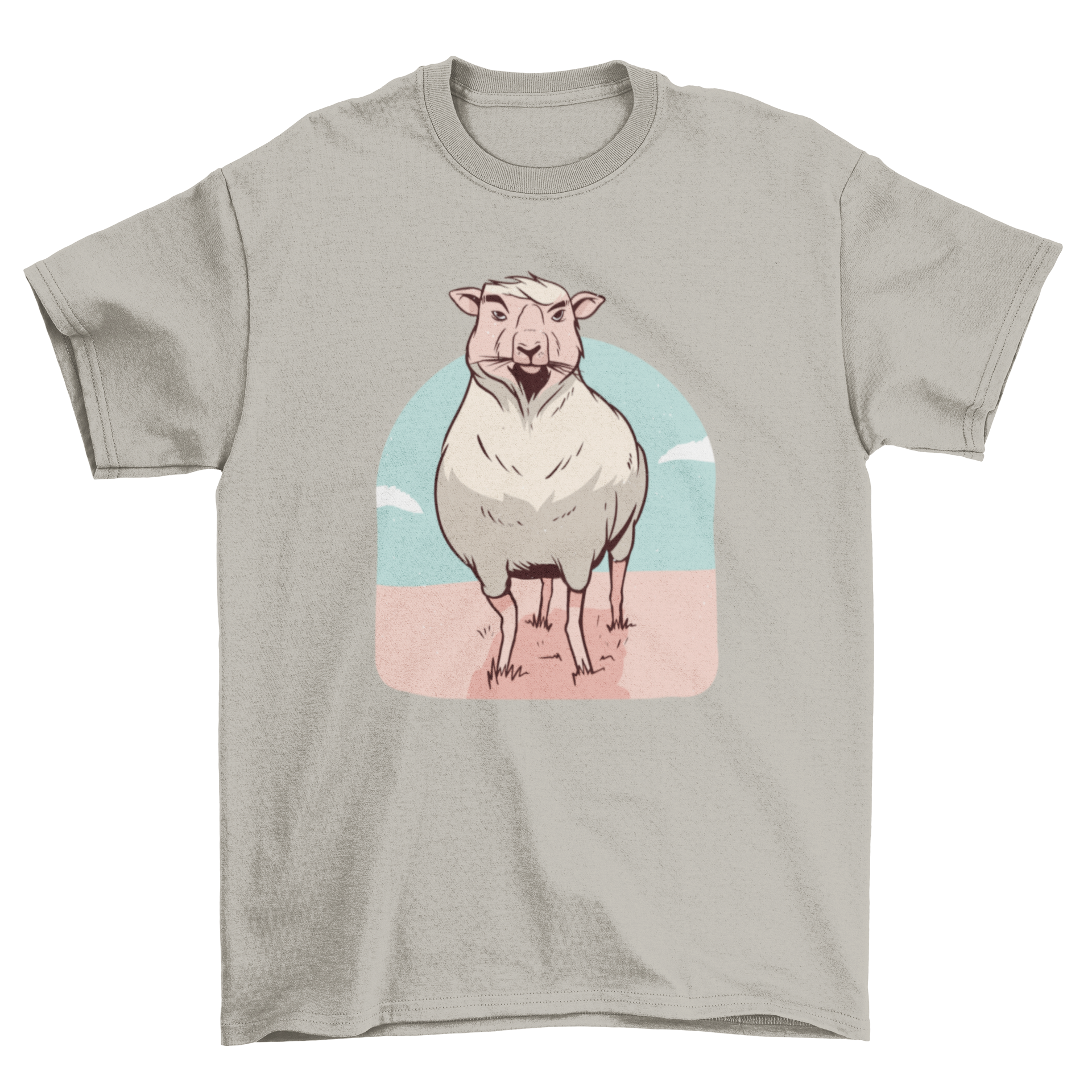 A stylish Proud Sheep T-Shirt featuring a cute illustration of a sheep eating grass, perfect for casual wear.