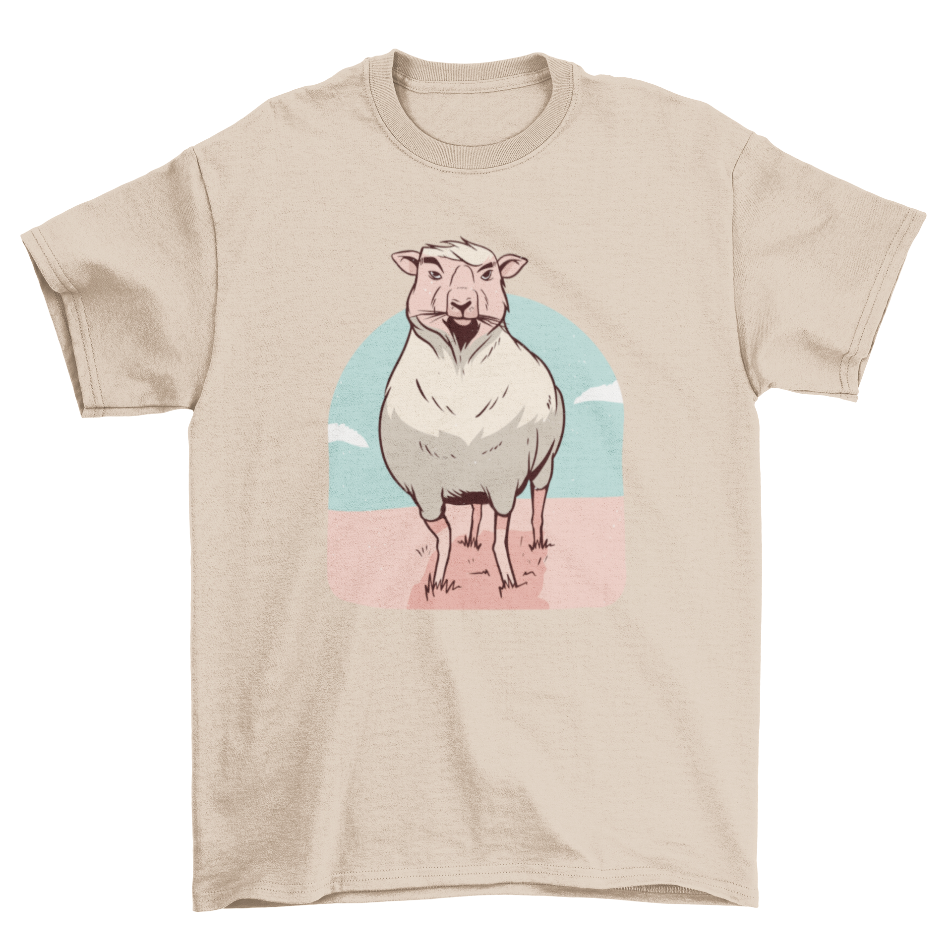 A stylish Proud Sheep T-Shirt featuring a cute illustration of a sheep eating grass, perfect for casual wear.