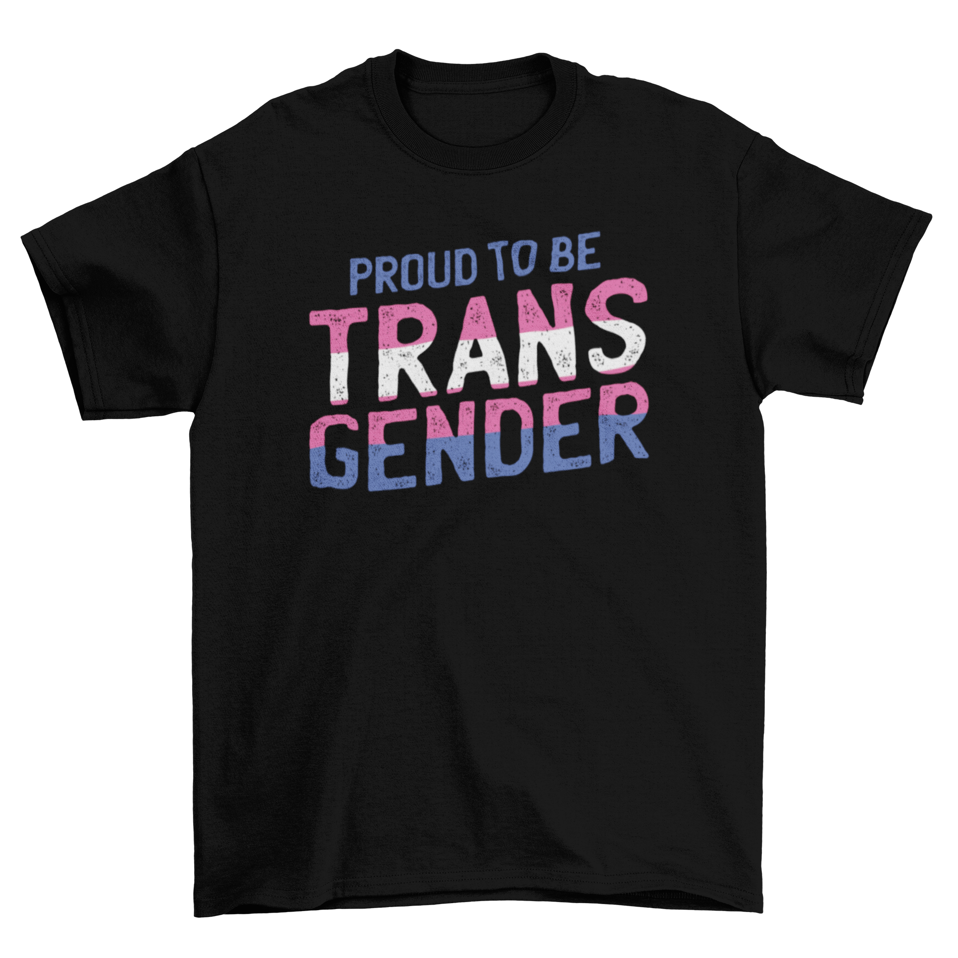 Proud transgender t-shirt featuring blue, pink, and white stripes with the caption 'Proud to be transgender'.