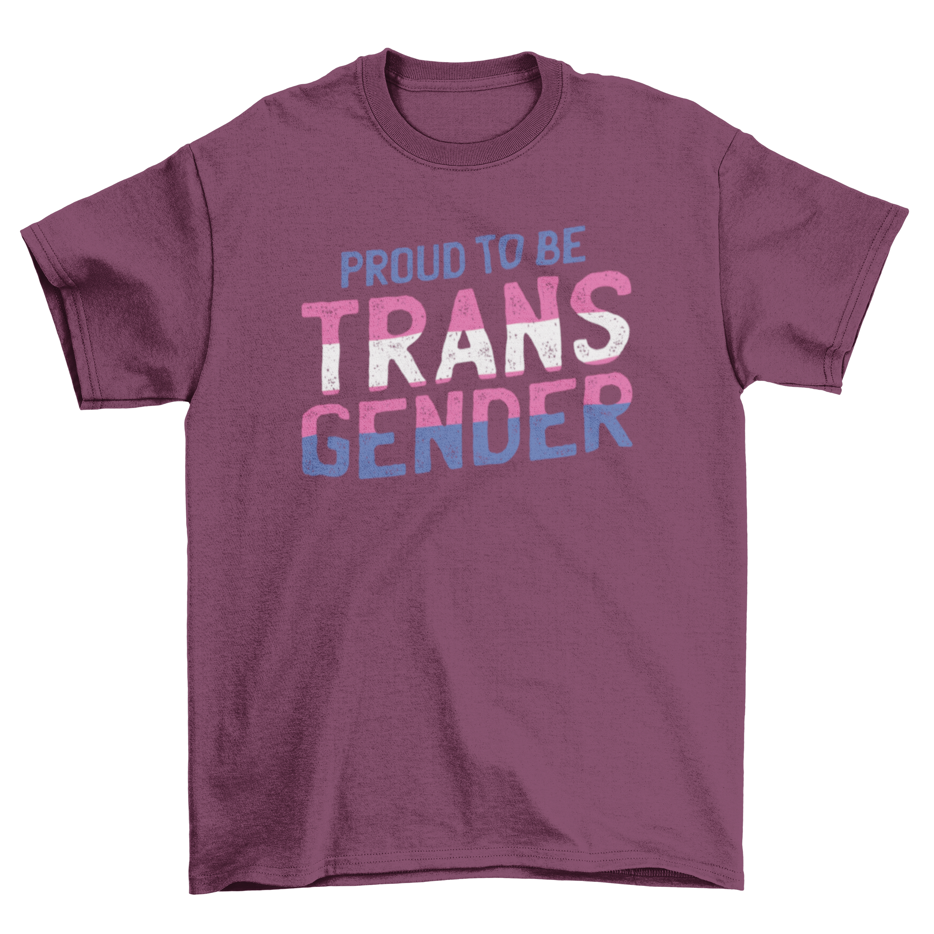 Proud transgender t-shirt featuring blue, pink, and white stripes with the caption 'Proud to be transgender'.