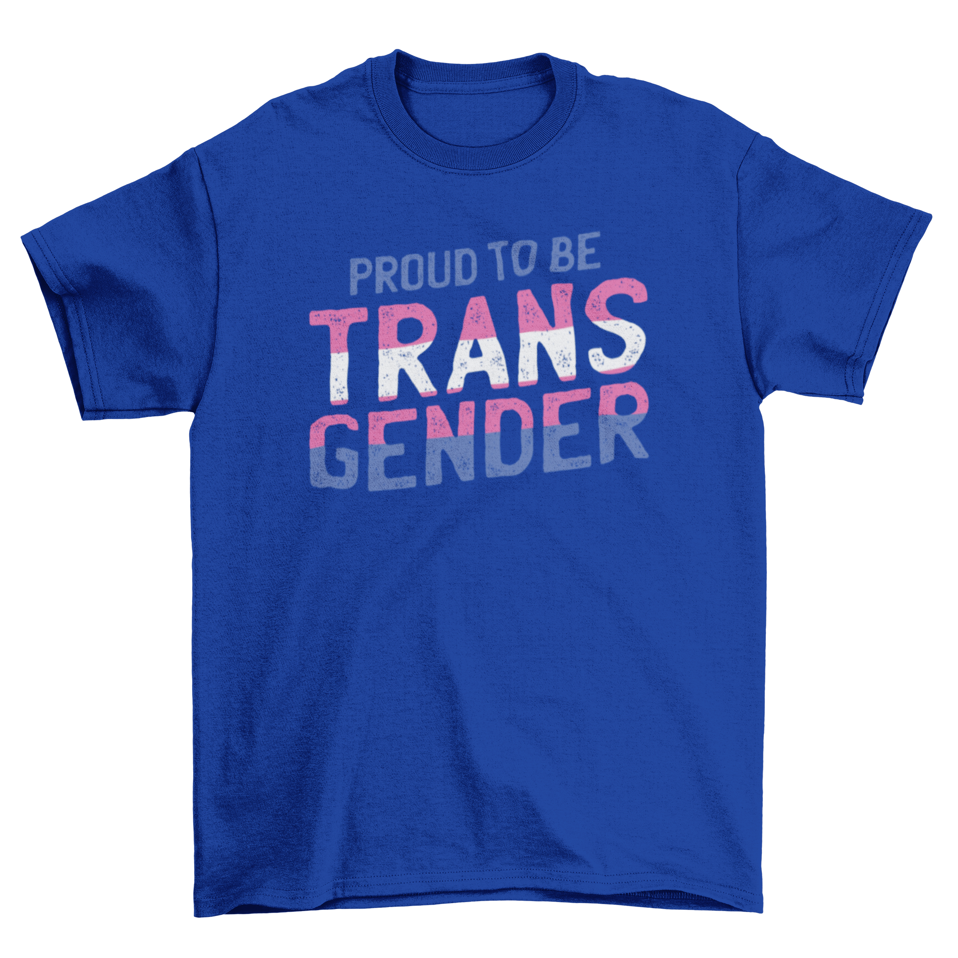 Proud transgender t-shirt featuring blue, pink, and white stripes with the caption 'Proud to be transgender'.