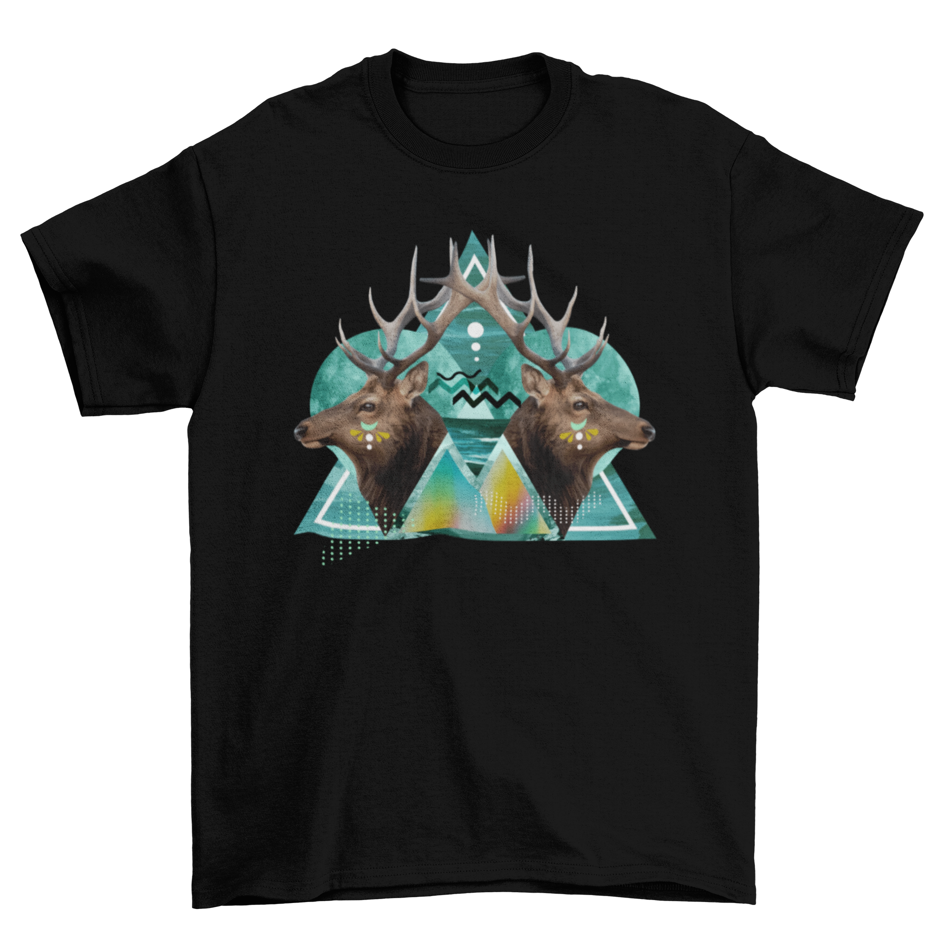 Psychedelic t-shirt design featuring two deers in a geometric composition with vibrant colors.