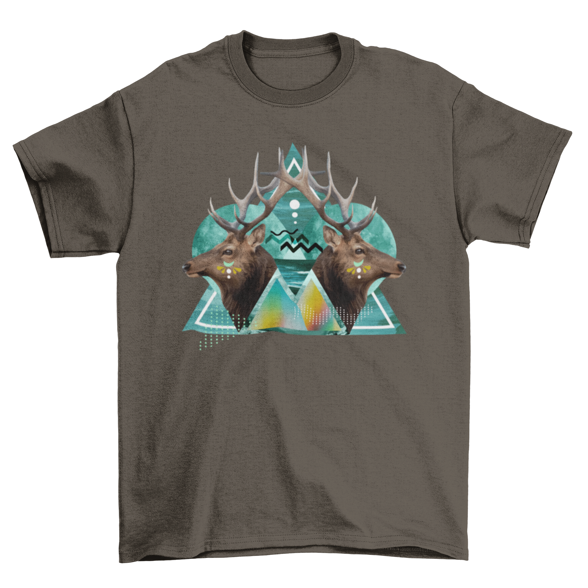 Psychedelic t-shirt design featuring two deers in a geometric composition with vibrant colors.