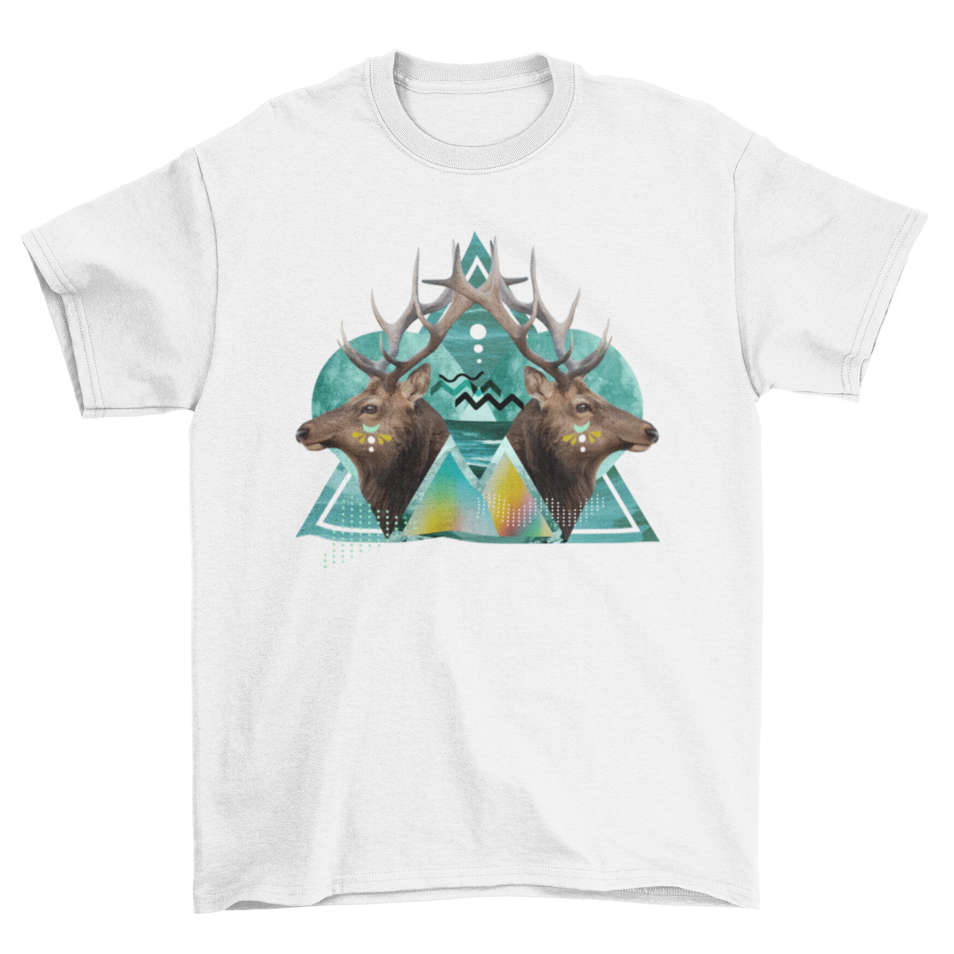 Psychedelic t-shirt design featuring two deers in a geometric composition with vibrant colors.