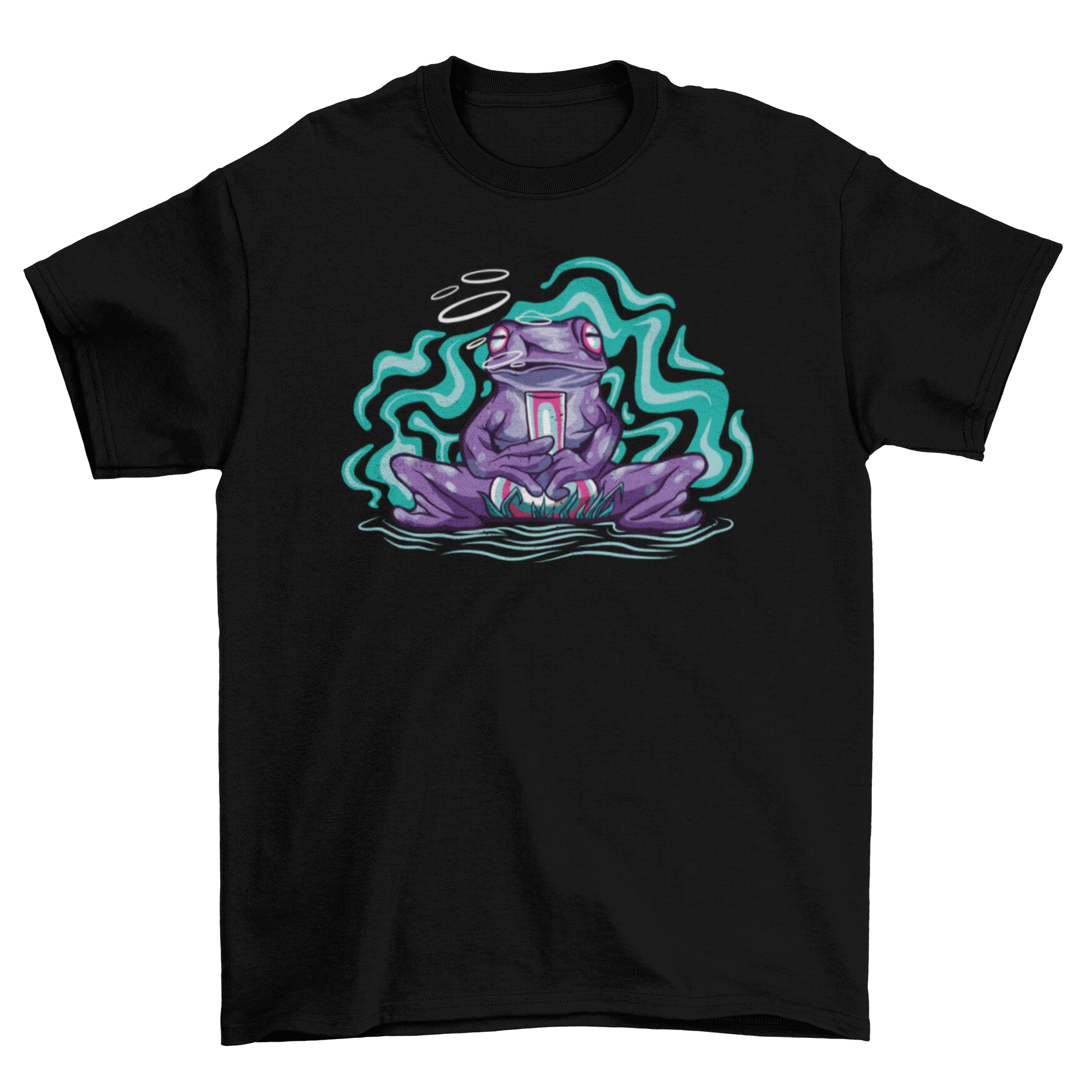 A vibrant t-shirt featuring a psychedelic frog smoking with colorful smoke clouds around it, showcasing a unique and artistic design.