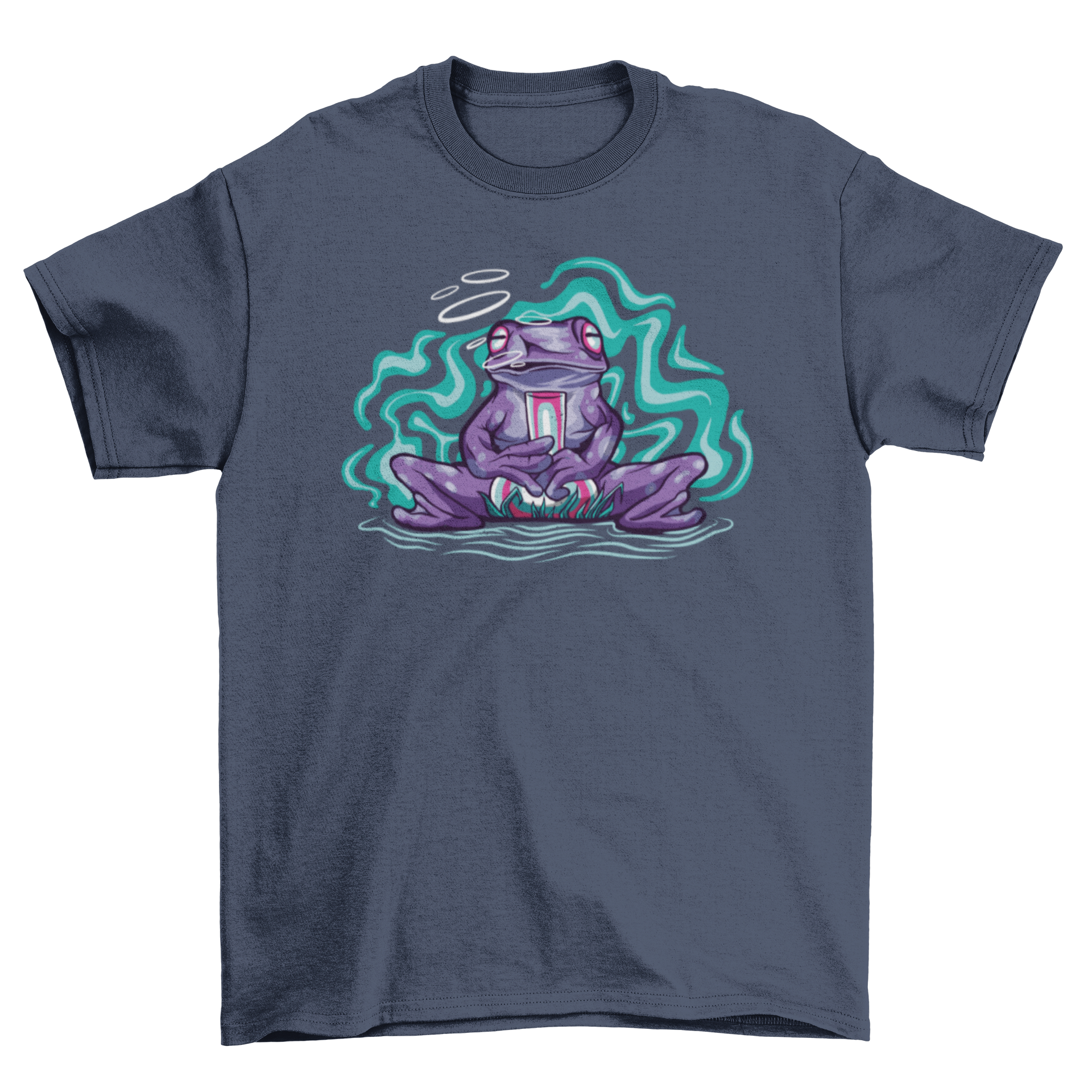 A vibrant t-shirt featuring a psychedelic frog smoking with colorful smoke clouds around it, showcasing a unique and artistic design.