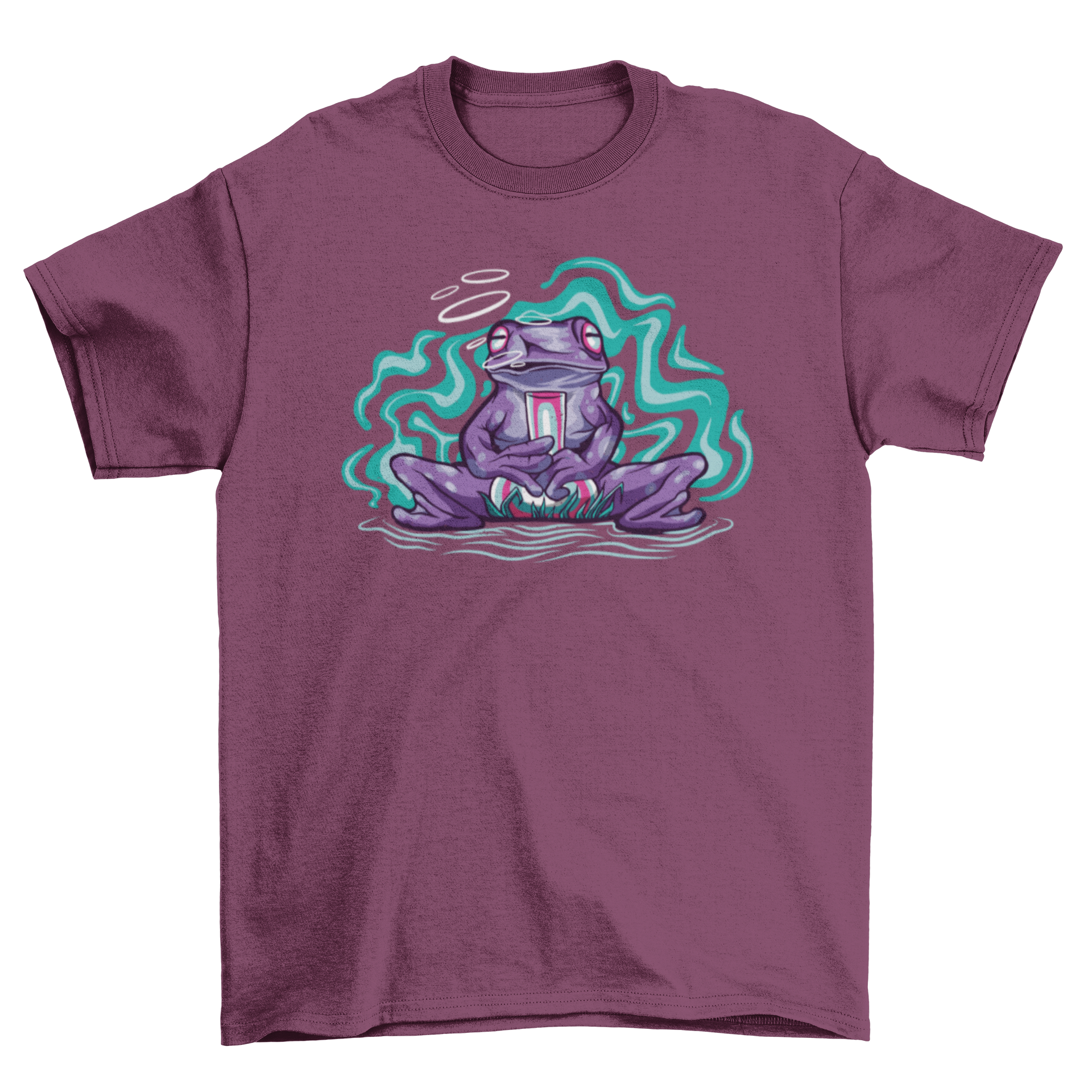 A vibrant t-shirt featuring a psychedelic frog smoking with colorful smoke clouds around it, showcasing a unique and artistic design.