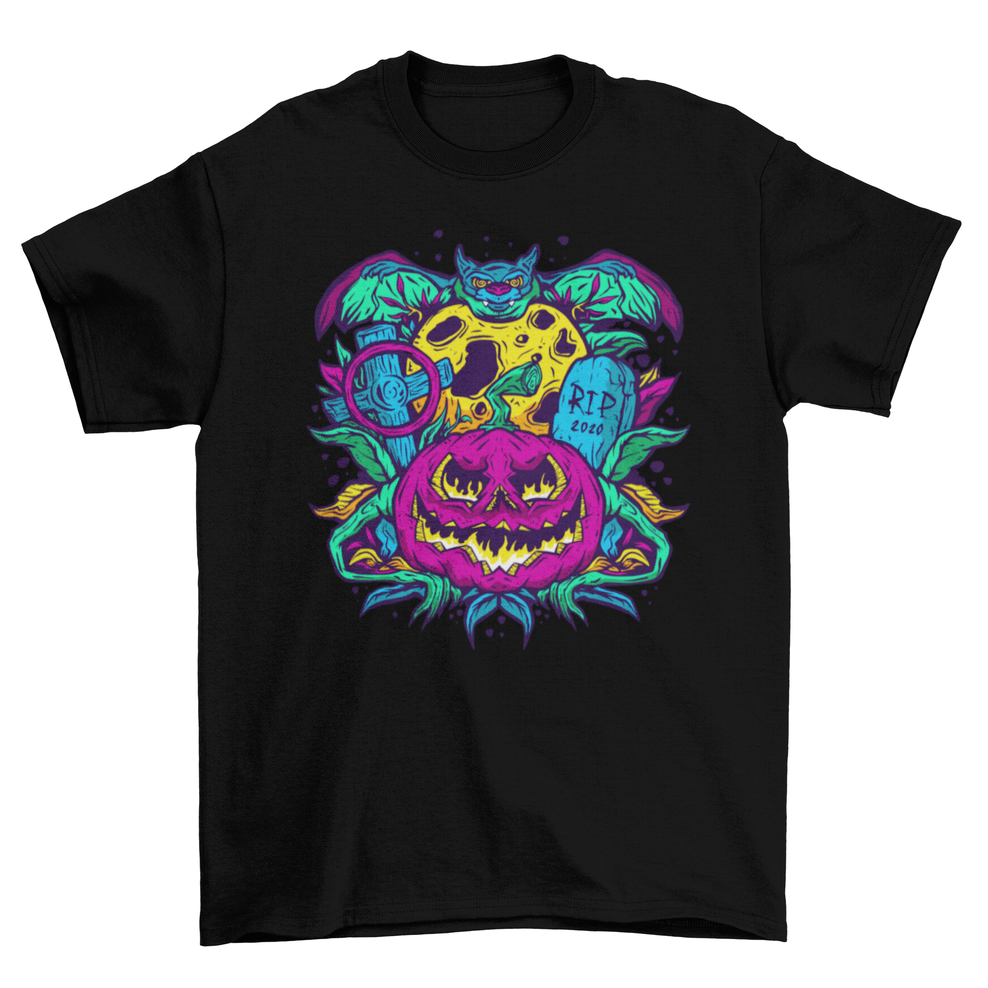 Psychedelic Halloween t-shirt featuring vibrant pumpkin and bat designs in a colorful, artistic style.