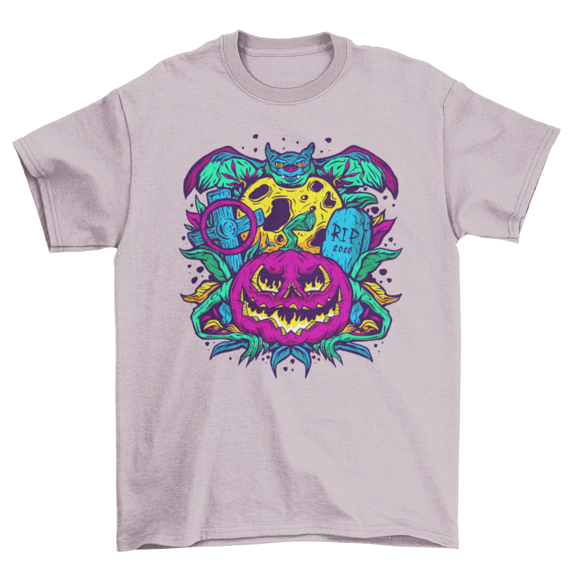 Psychedelic Halloween t-shirt featuring vibrant pumpkin and bat designs in a colorful, artistic style.