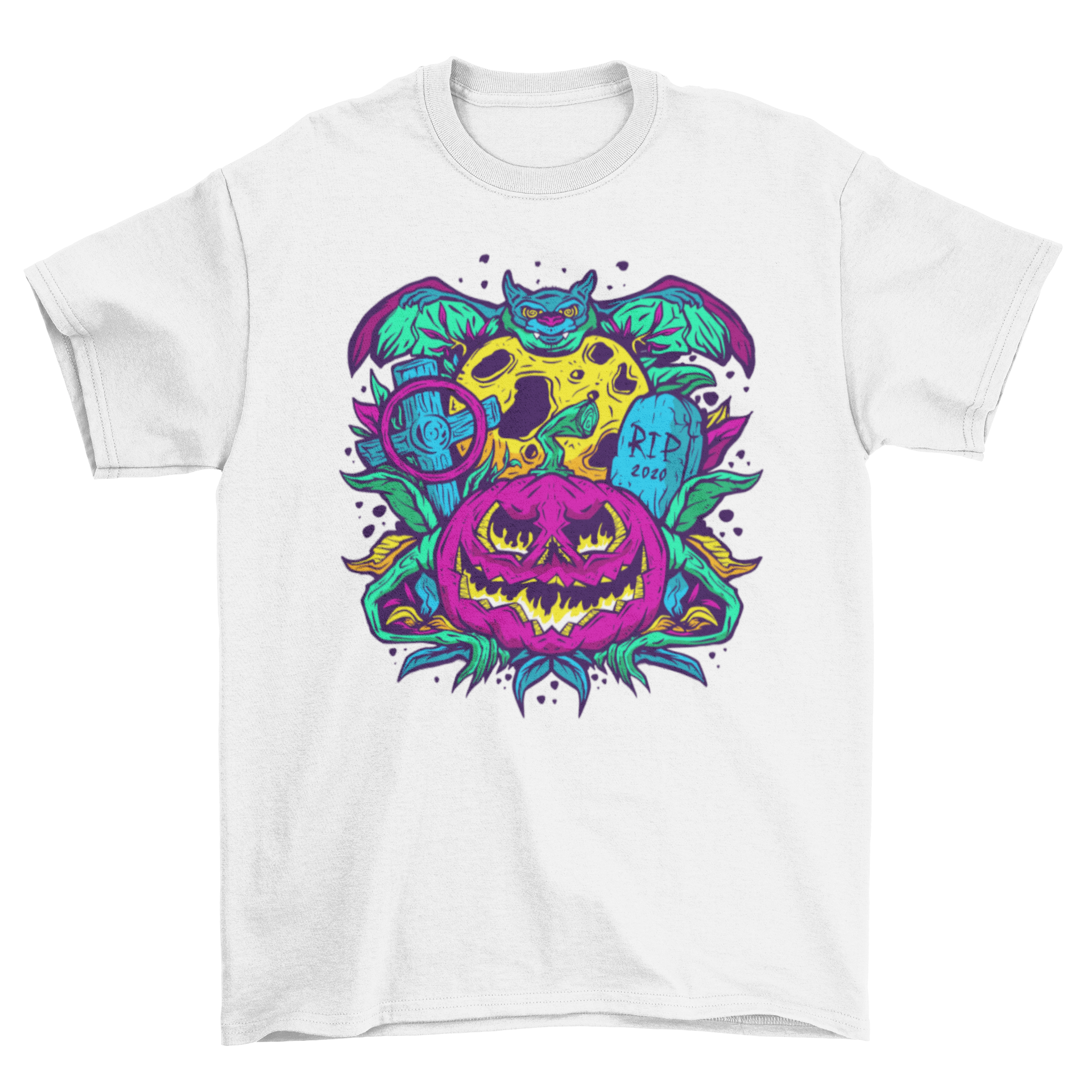 Psychedelic Halloween t-shirt featuring vibrant pumpkin and bat designs in a colorful, artistic style.