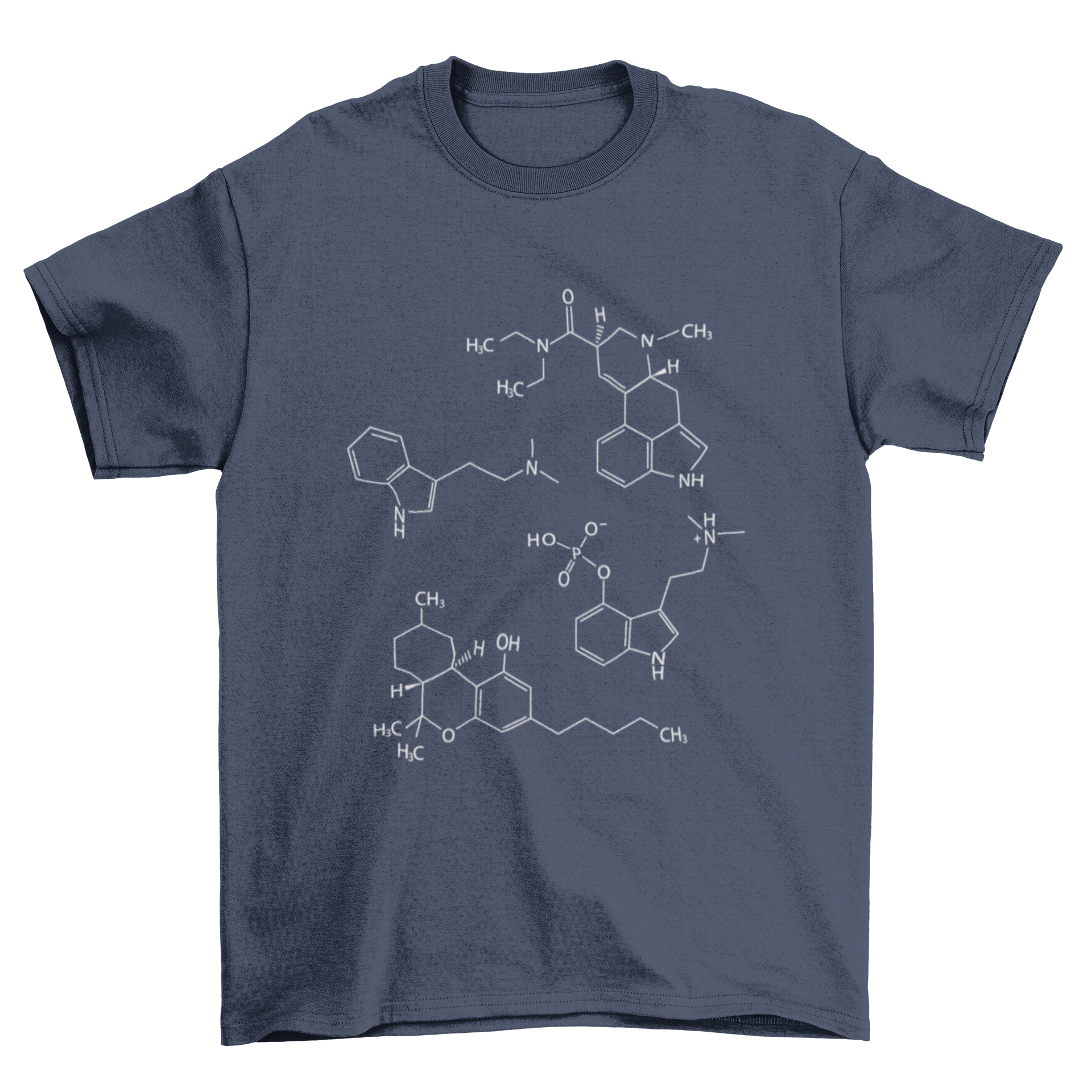 Psychedelic Molecules T-shirt featuring DMT, LSD, THC, and psilocybin molecular designs on a soft fabric.