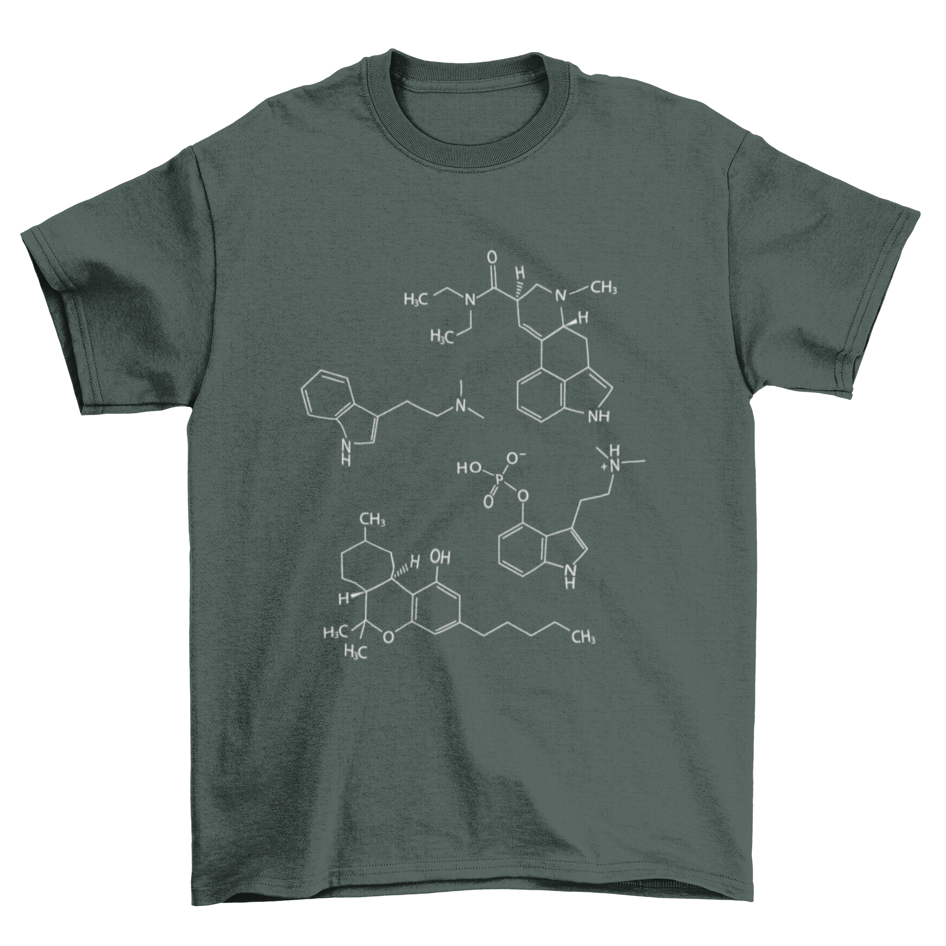 Psychedelic Molecules T-shirt featuring DMT, LSD, THC, and psilocybin molecular designs on a soft fabric.