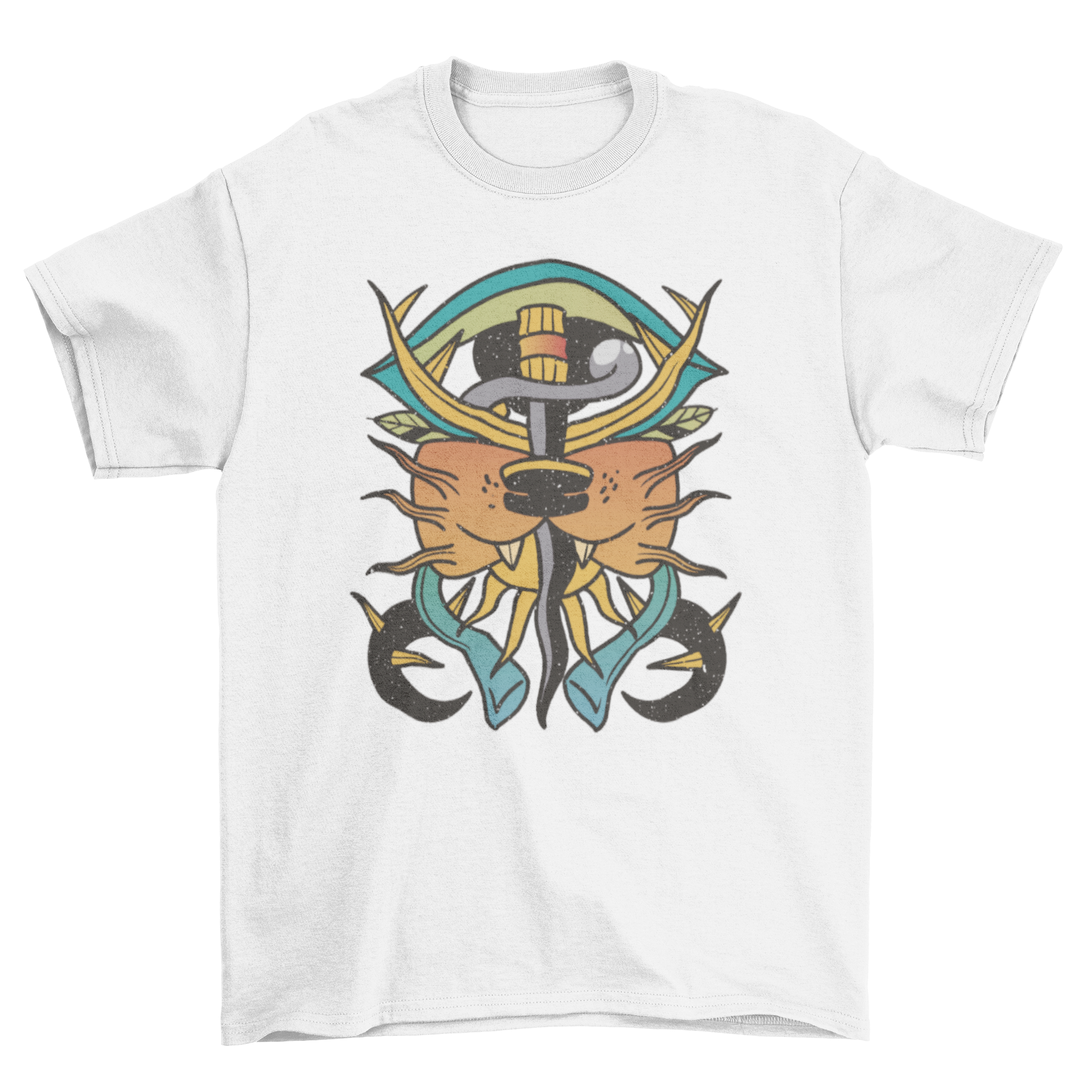 Psychedelic sword tattoo t-shirt featuring vibrant colors and intricate design elements.