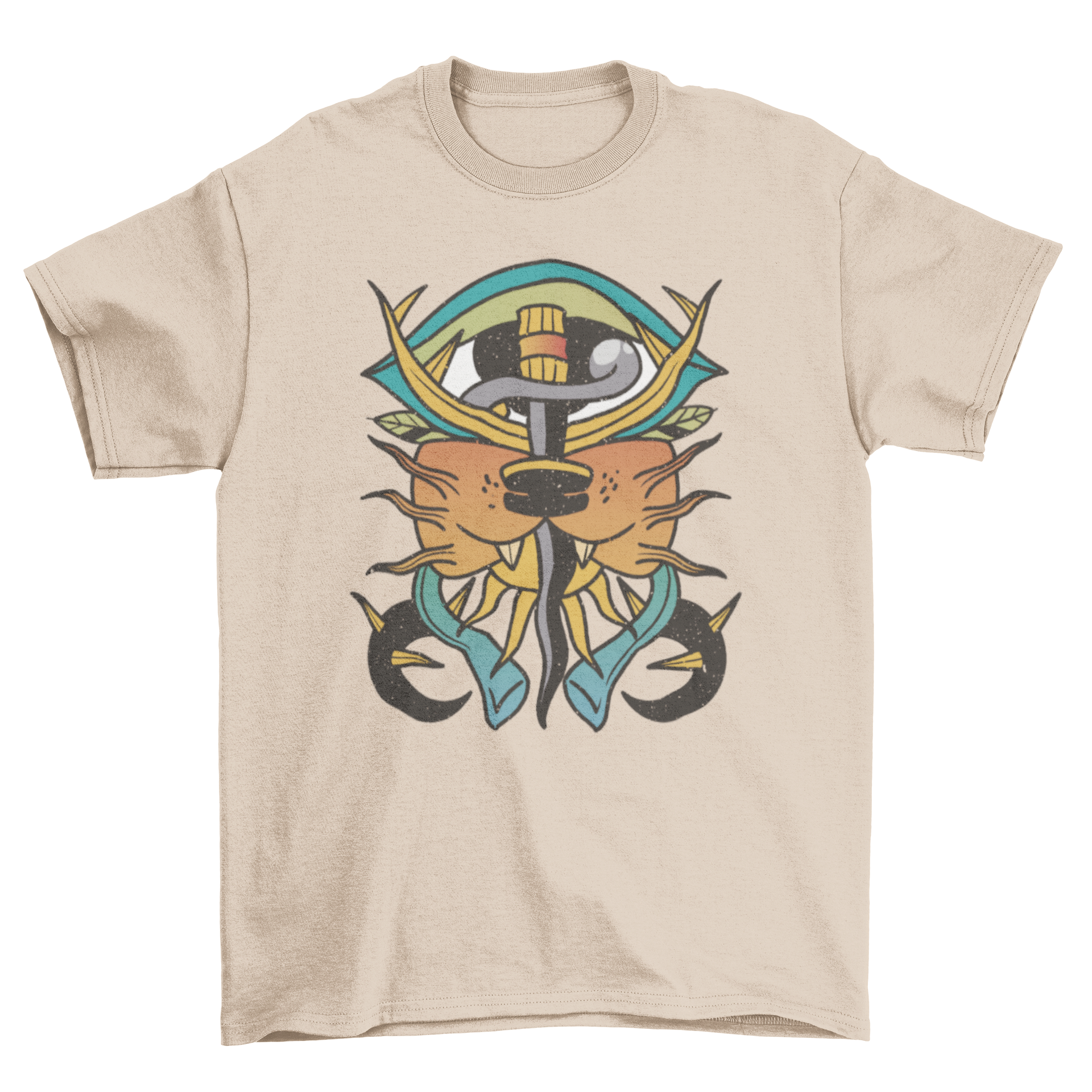 Psychedelic sword tattoo t-shirt featuring vibrant colors and intricate design elements.