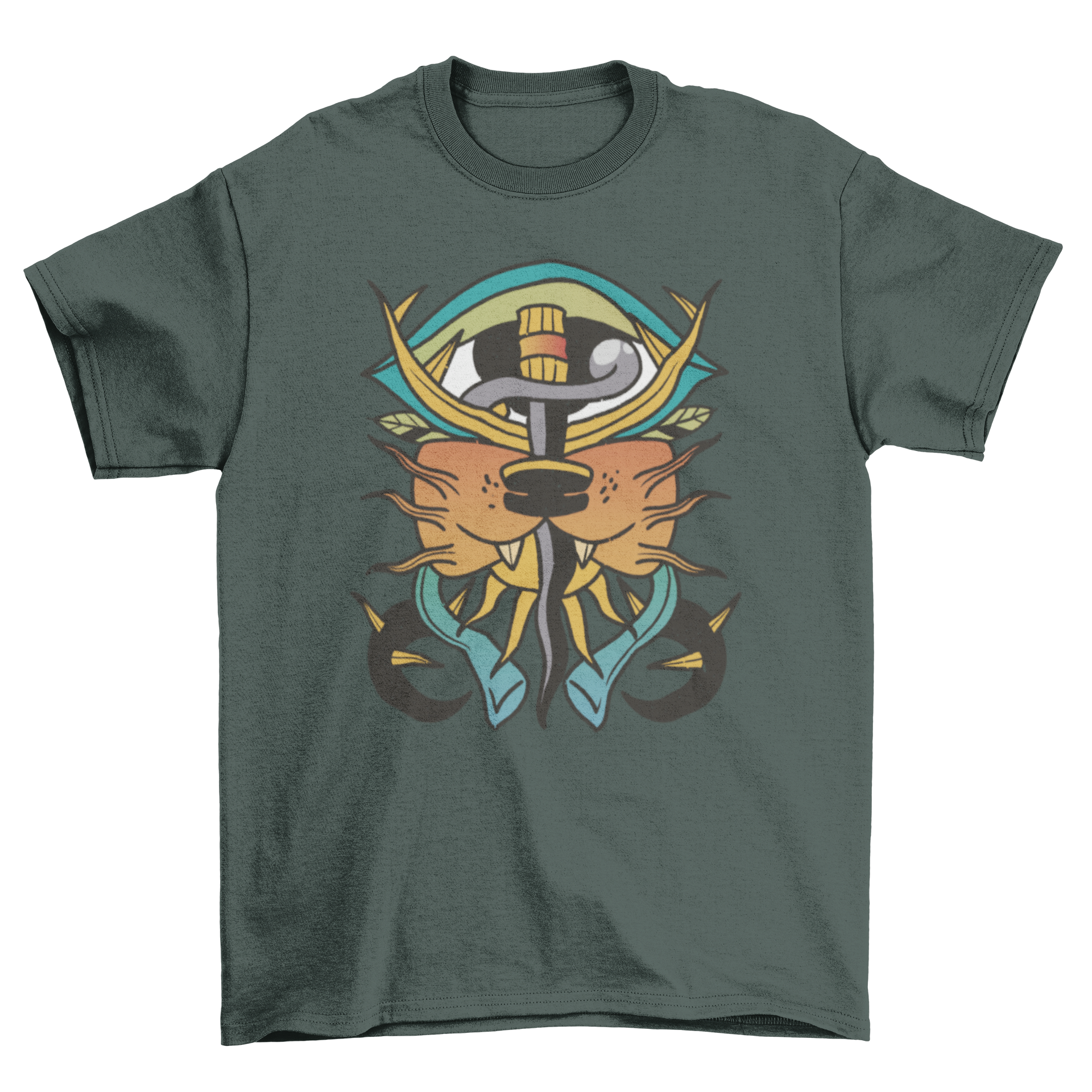 Psychedelic sword tattoo t-shirt featuring vibrant colors and intricate design elements.