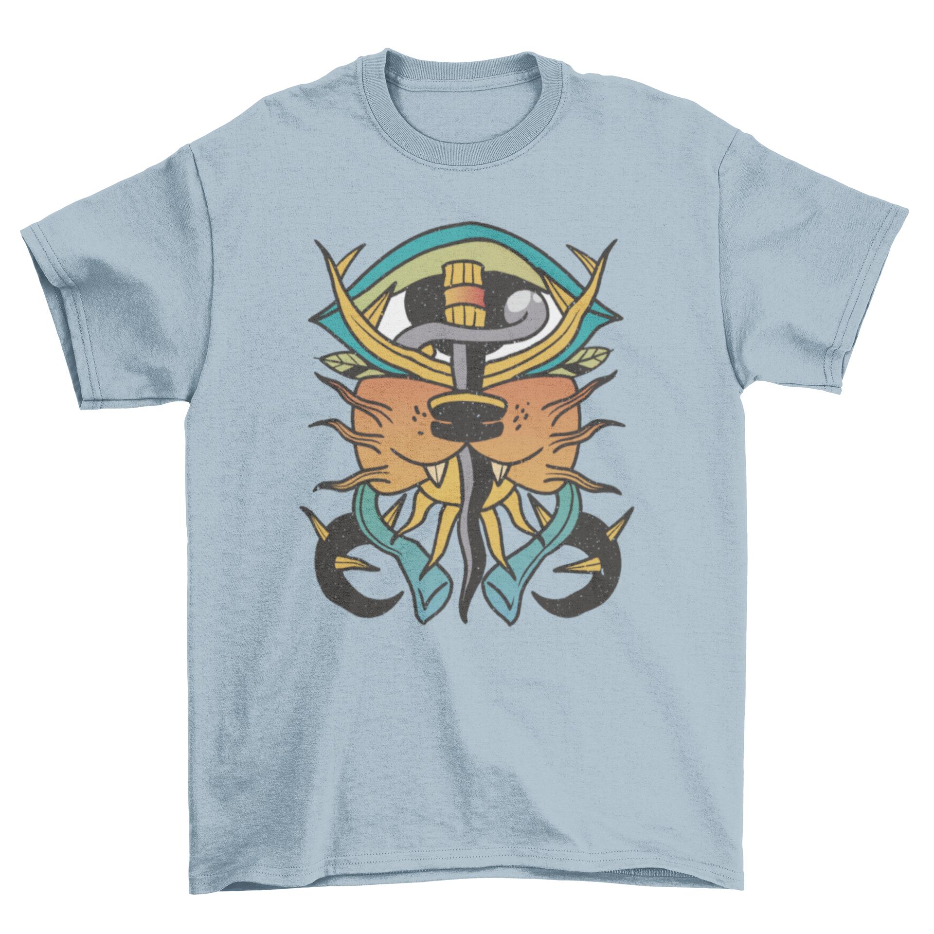 Psychedelic sword tattoo t-shirt featuring vibrant colors and intricate design elements.