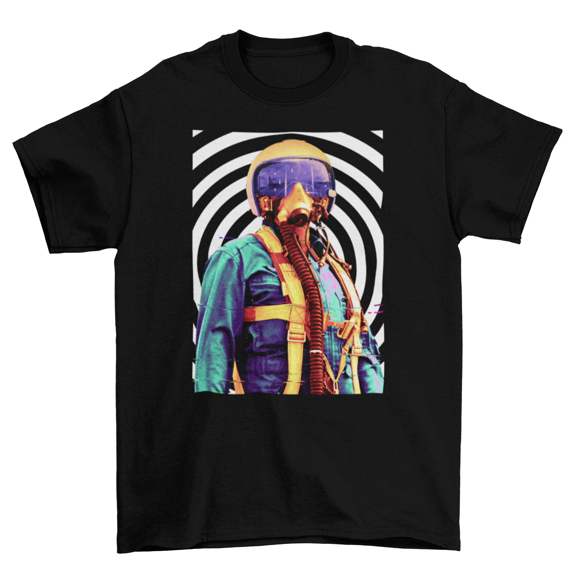 Psychedelic Pilot T-Shirt featuring a man in a pilot suit with a colorful psychedelic background.