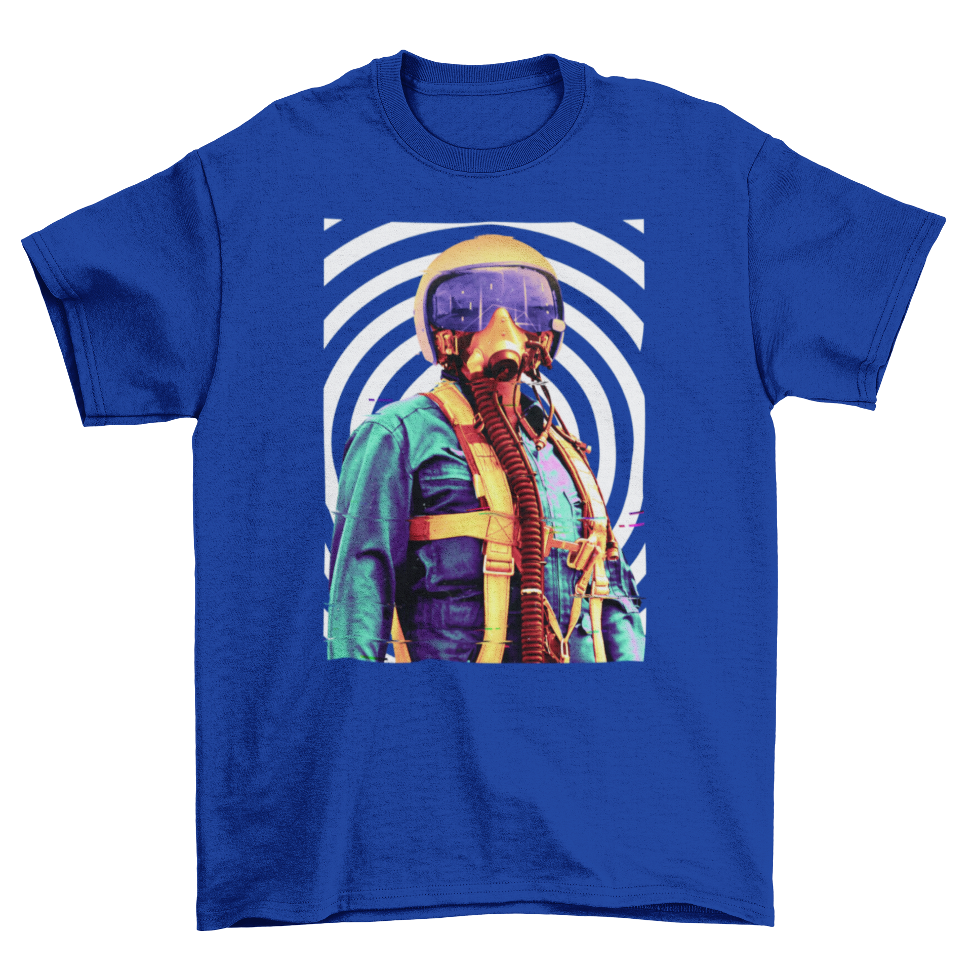 Psychedelic Pilot T-Shirt featuring a man in a pilot suit with a colorful psychedelic background.