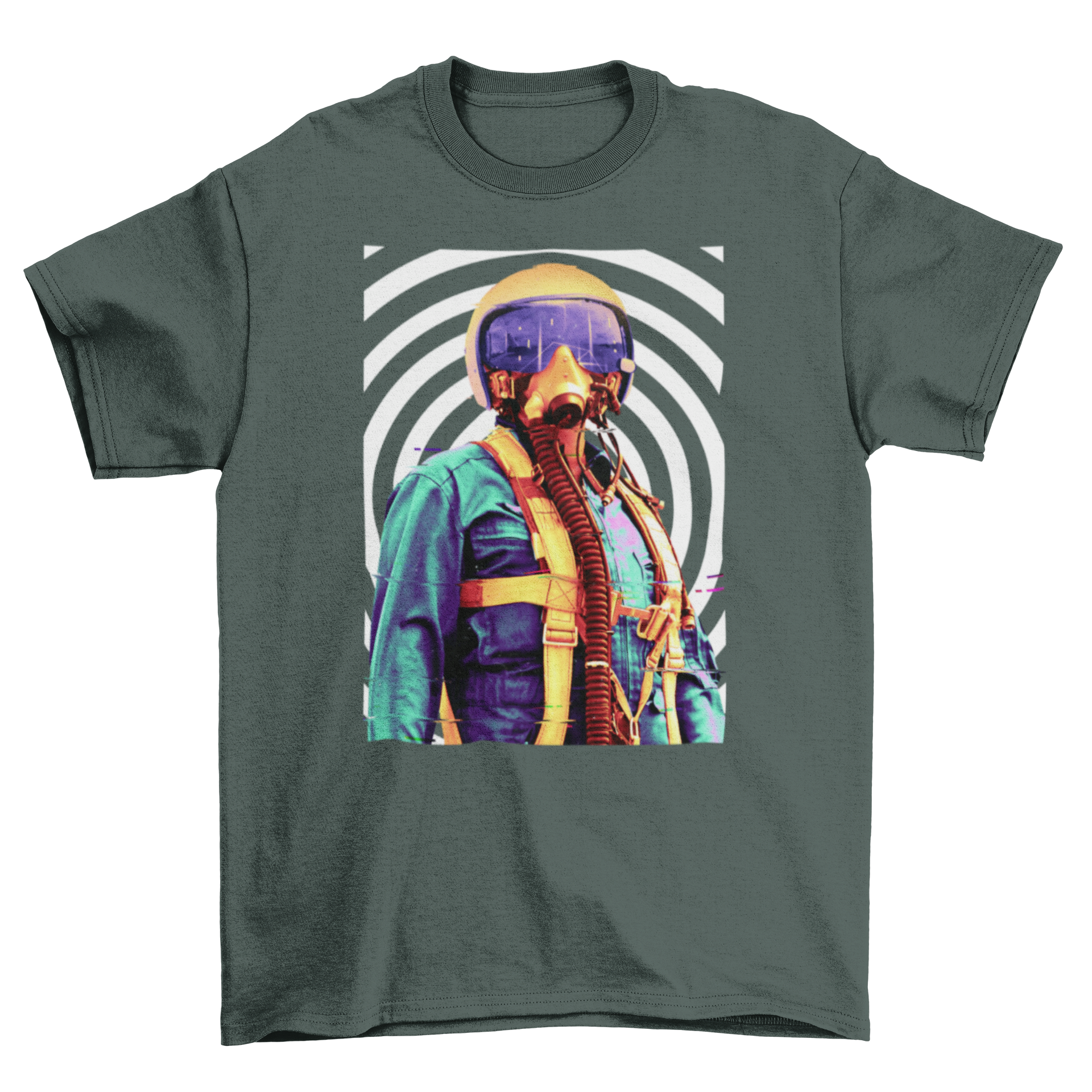 Psychedelic Pilot T-Shirt featuring a man in a pilot suit with a colorful psychedelic background.