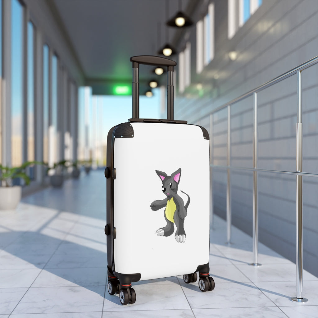 Psycore Cabin Suitcase featuring a personalized design, lightweight polycarbonate front, and ABS back, with adjustable handle and 360° swivel wheels.