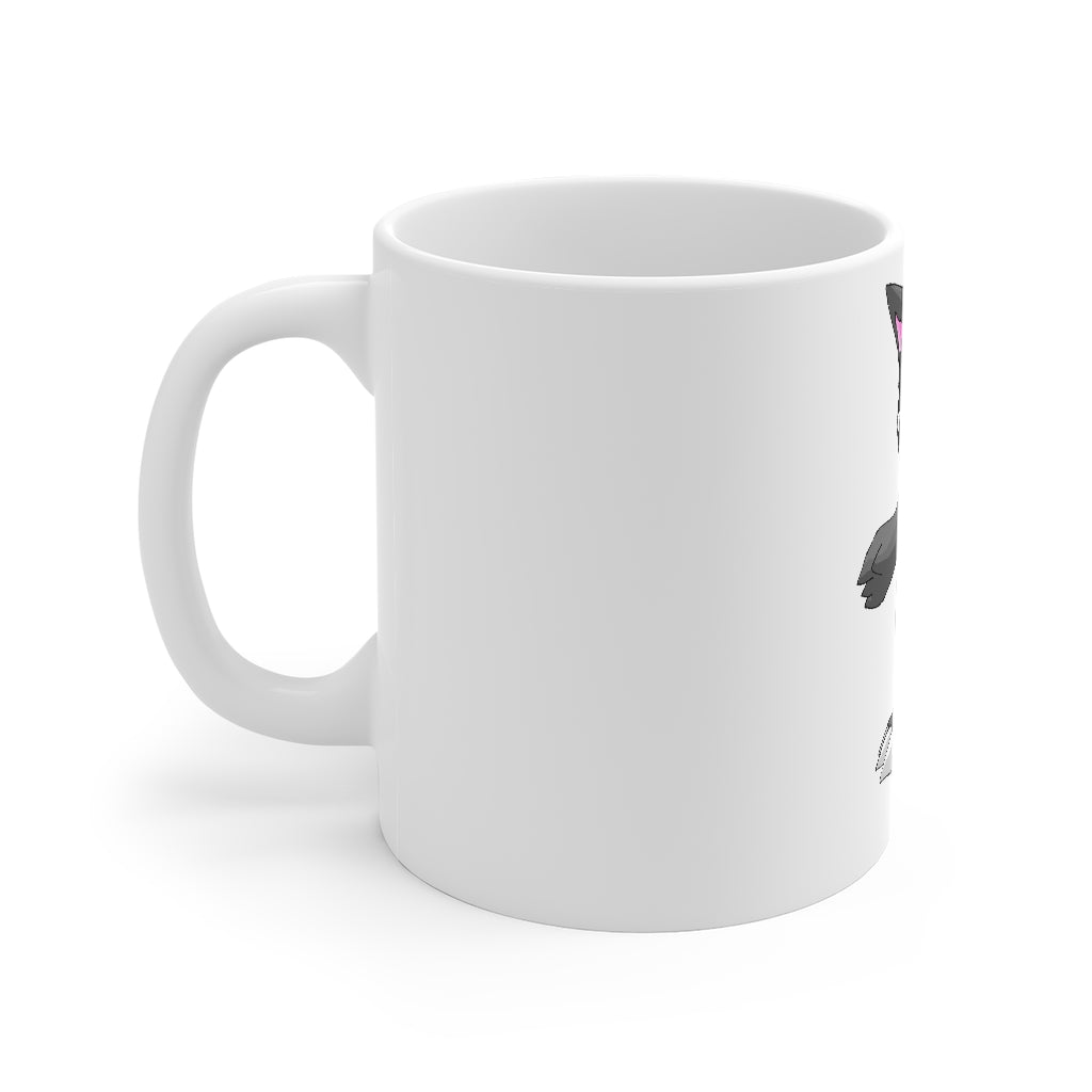 Psycore Mug 11oz, a white ceramic mug with rounded corners and a C-handle, perfect for coffee, tea, and hot chocolate.