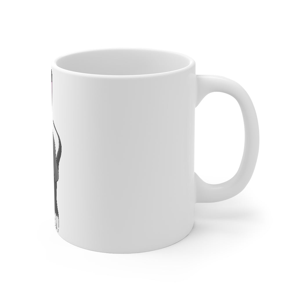 Psycore Mug 11oz, a white ceramic mug with rounded corners and a C-handle, perfect for coffee, tea, and hot chocolate.