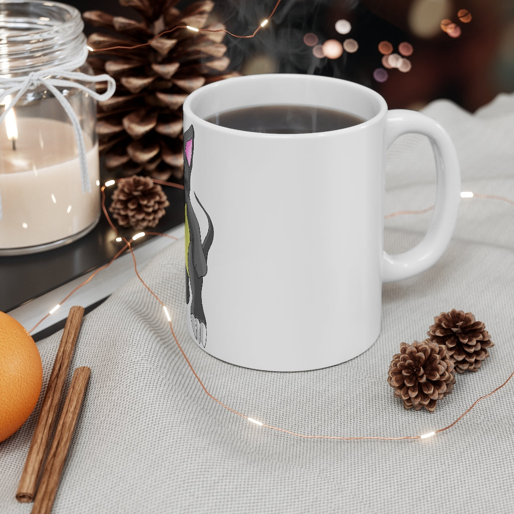 Psycore Mug 11oz, a white ceramic mug with rounded corners and a C-handle, perfect for coffee, tea, and hot chocolate.