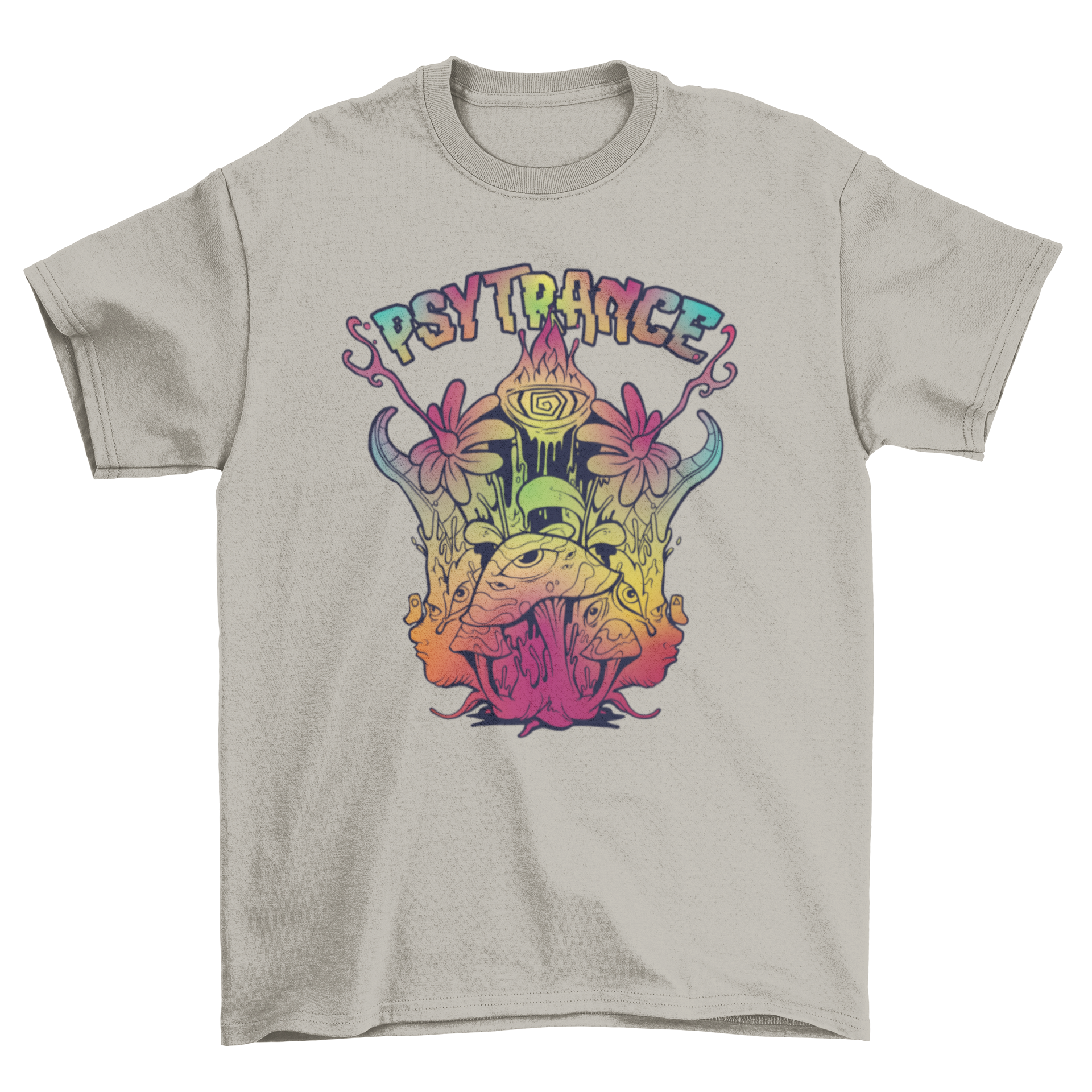 Psytrance Trippy Psychedelic T-shirt featuring vibrant mushroom illustration and the word PSYTRANCE above.