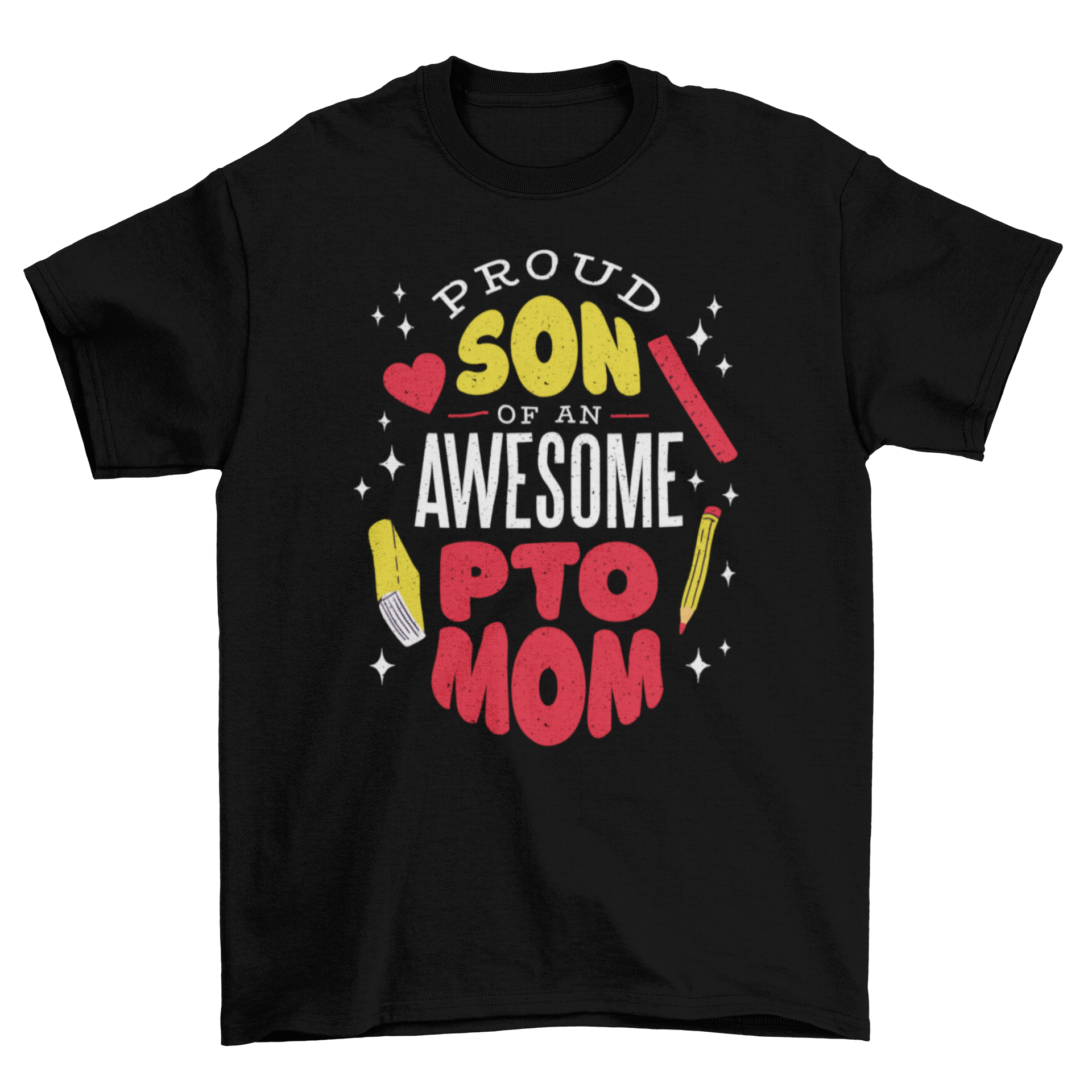 A stylish t-shirt featuring the quote 'Proud son of an awesome PTO mom' with colorful school supplies design.