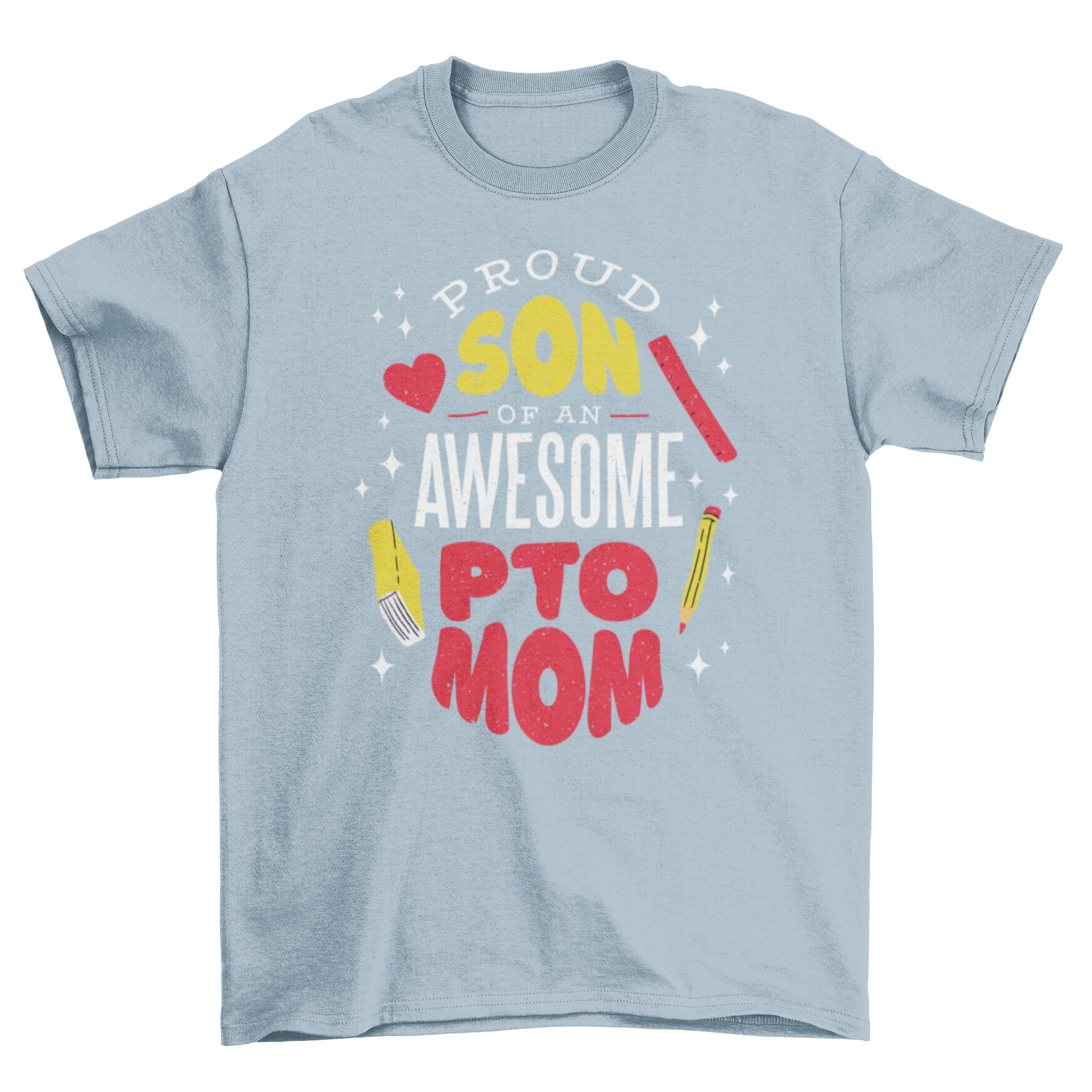 A stylish t-shirt featuring the quote 'Proud son of an awesome PTO mom' with colorful school supplies design.